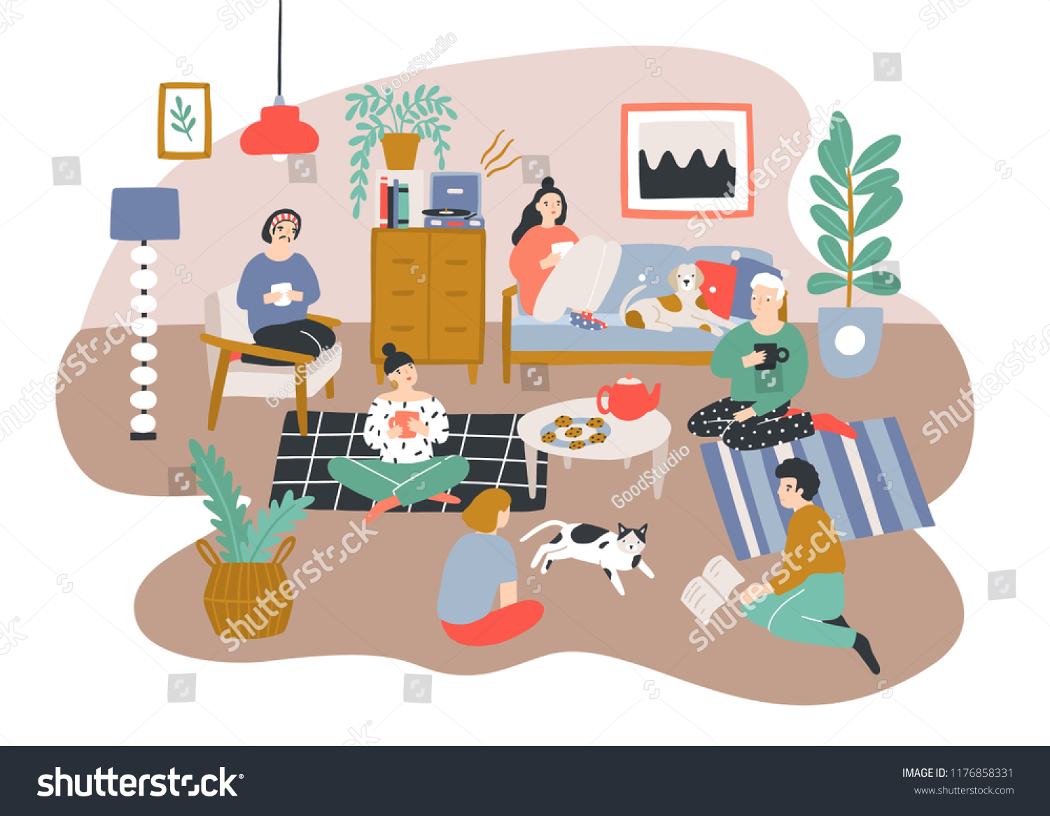 Group of men and women sitting in room furnished in Scandic style and talking to each other. Friends spending time together at home. Friendly visit. Colorful vector illustration in flat cartoon style.