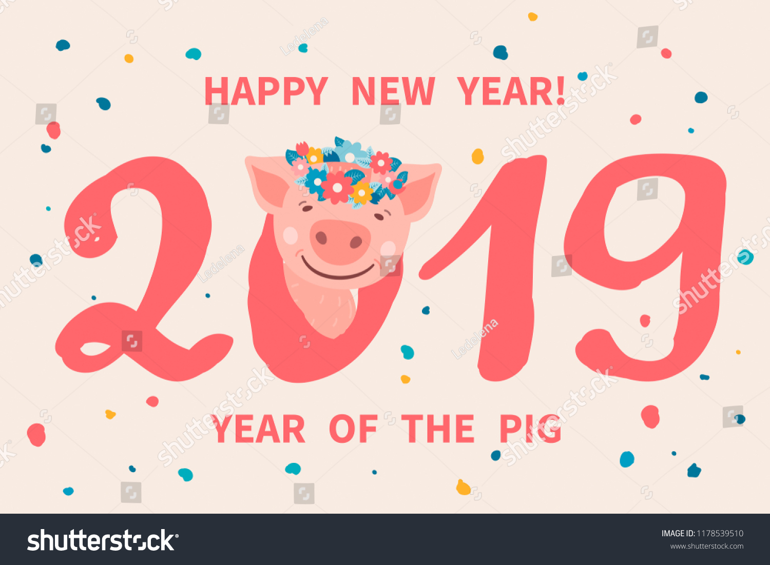 Greeting card with cute cartoon piggy with a flower wreath on his head. Pig is a symbol of the 2019 Chinese New Year. Vector illustration