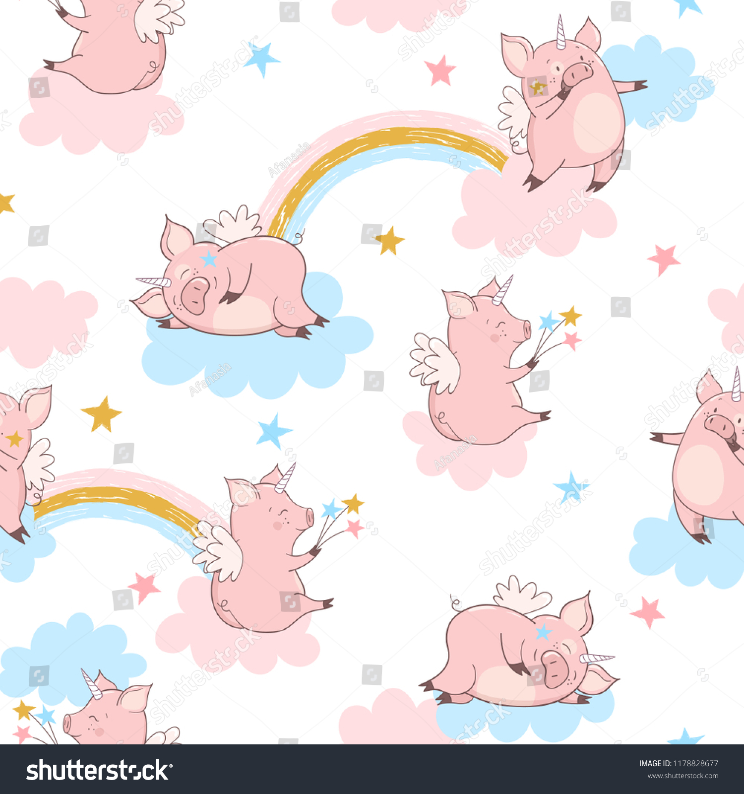 Seamless vector cute pig unicorn pattern. Baby print.