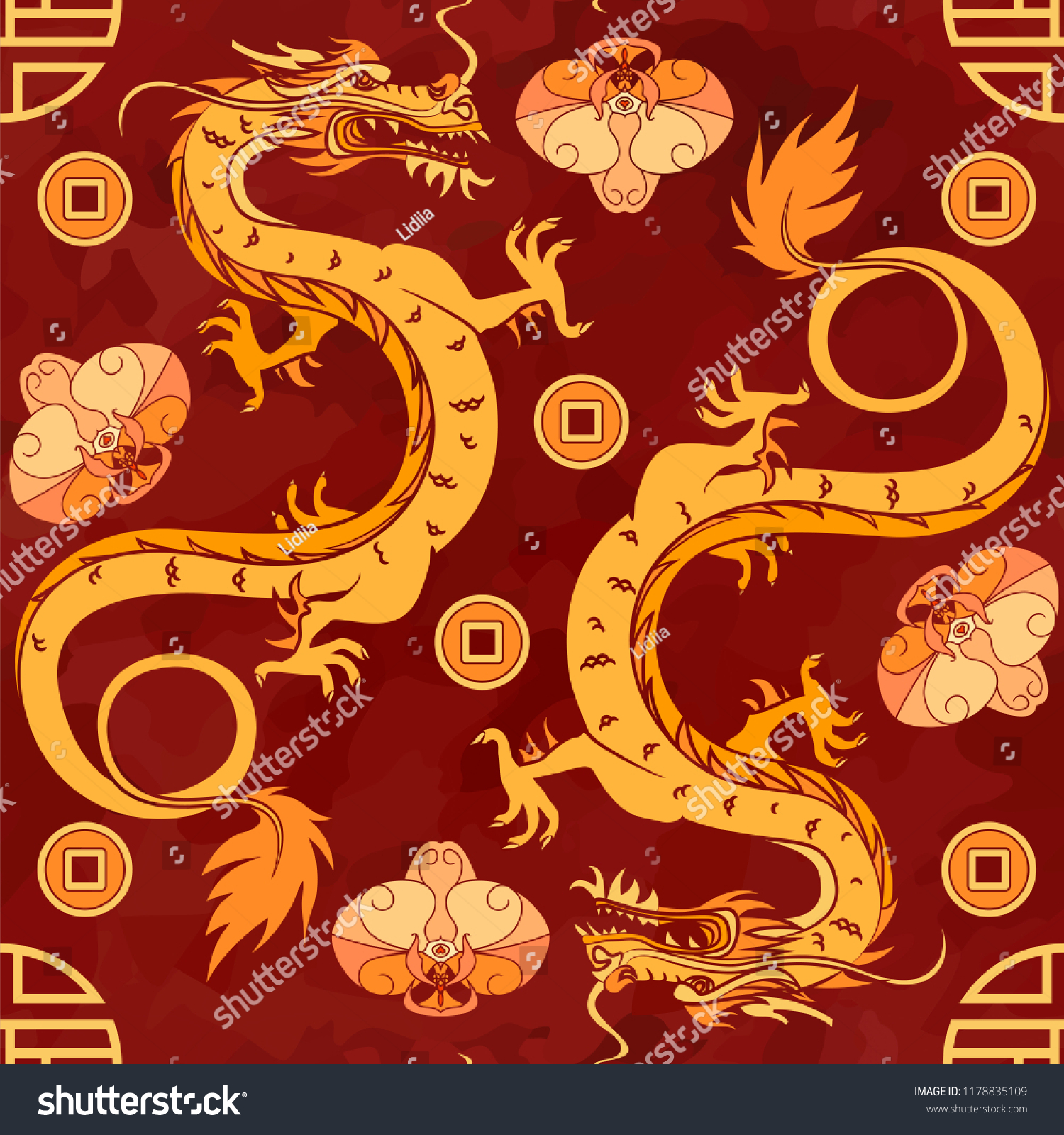 Seamless oriental pattern with gold dragons and orchids  chinese ornament on a watercolor background