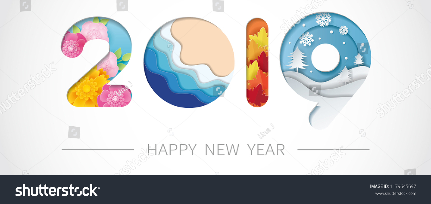 2019 happy new year paper art with spring  summer  autumn and winter. Vector illustration.