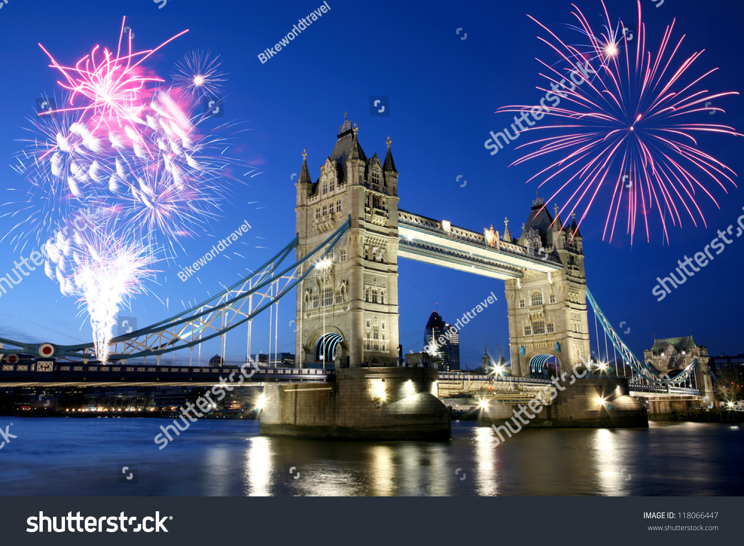 Thames River Night View with fireworks over Tower Bridge