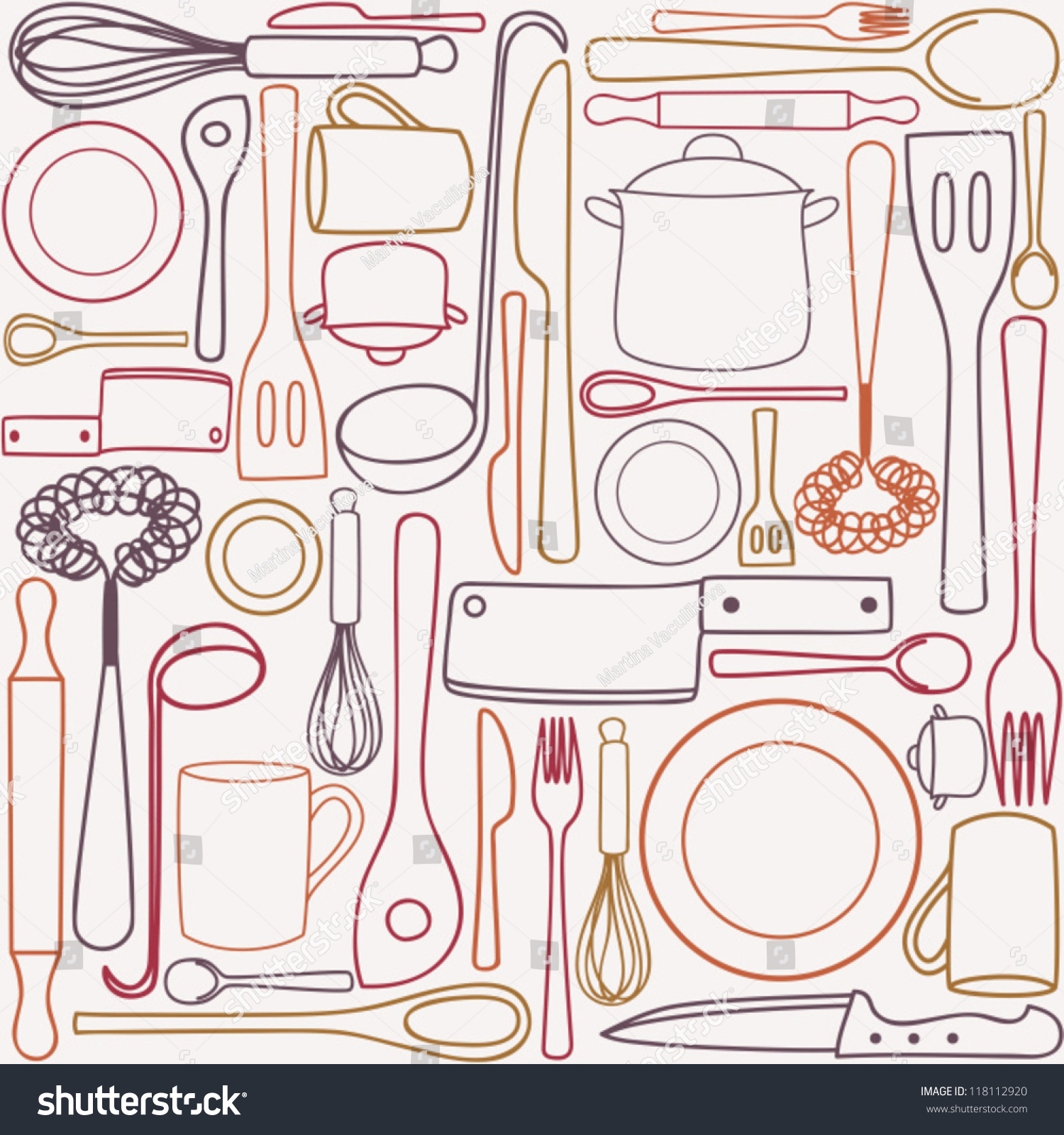 Kitchen and cooking utensils and cutlery - seamless pattern. kitchen tool and utensil. ; cooking vector drawing. kitchen accessory set pattern.