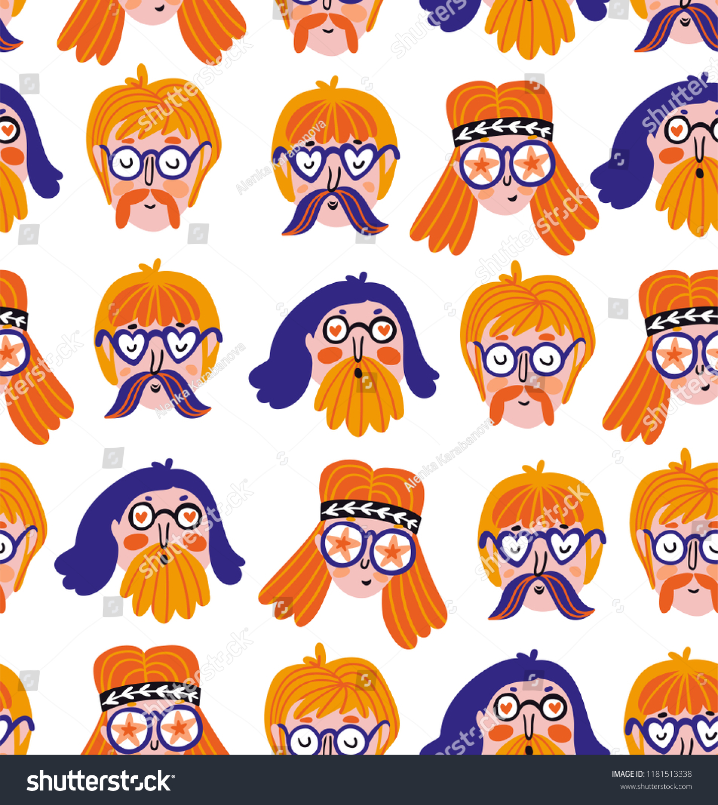Funny cute hippies portraits. Vector  festival print. Seamless pattern design with hand drawn stylish faces.