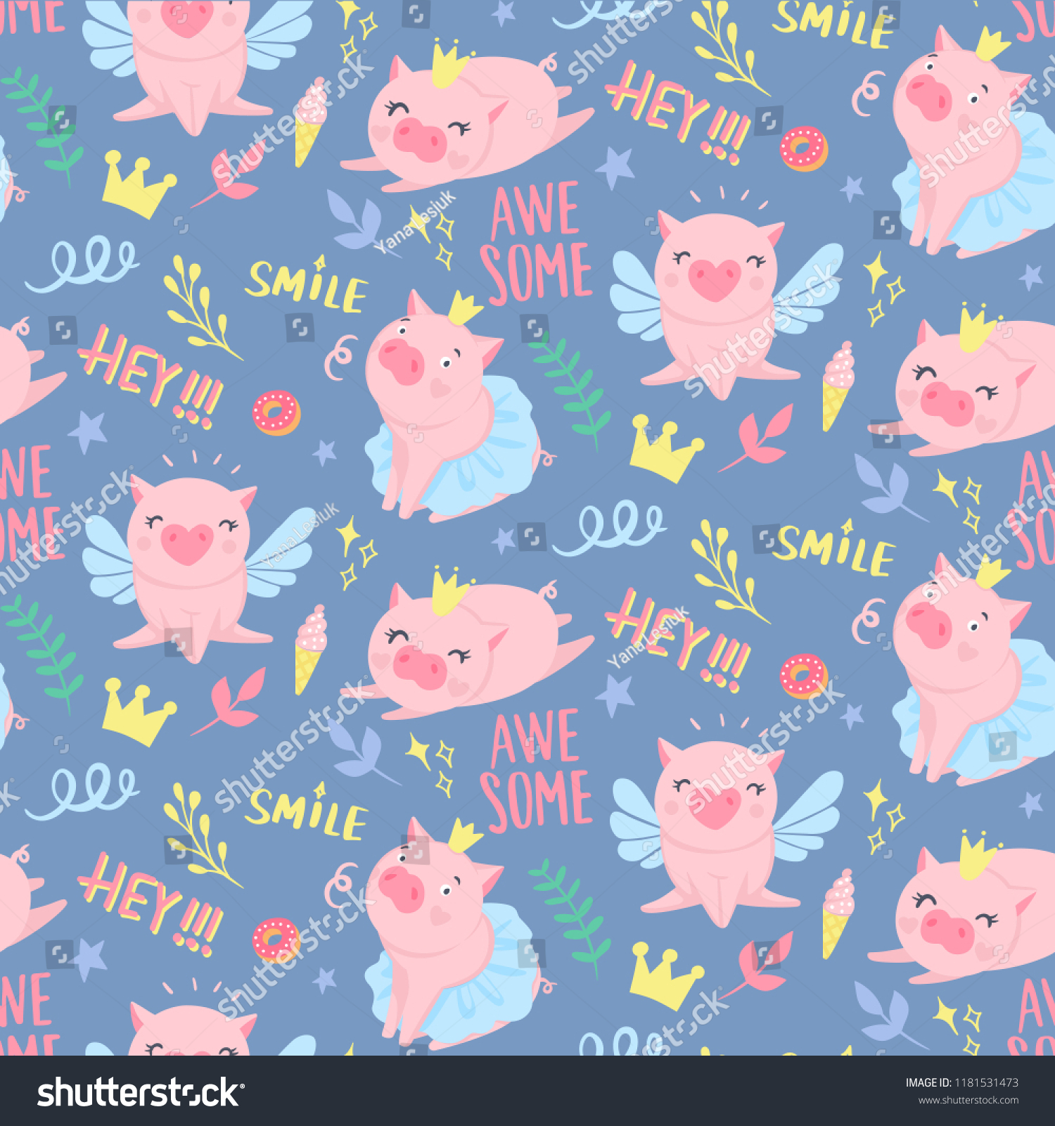 Vector seamless pattern with funny pigs. Elements for New Year's design. Symbol of 2019 on the Chinese calendar. Pig background isolated on white. Cartoon animals for wrapping paper  cards  bedding.