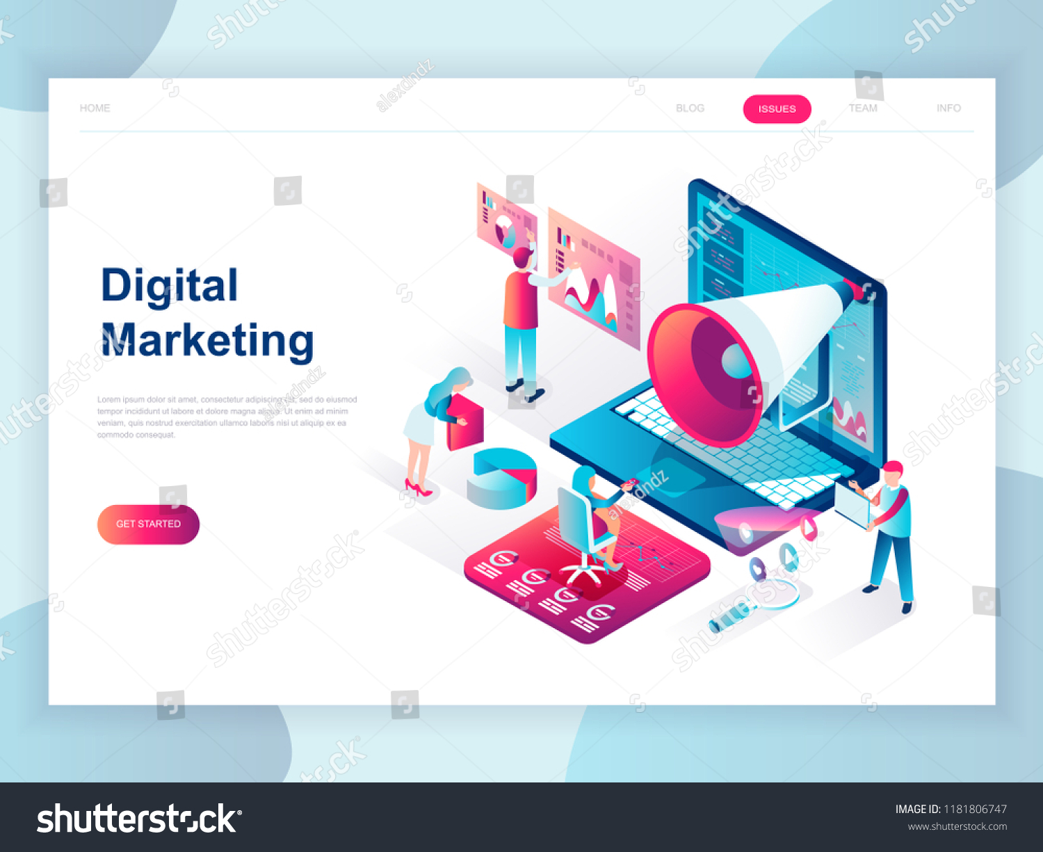 Modern flat design isometric concept of Digital Marketing for banner and website. Isometric landing page template. Business analysis  content strategy and management. Vector illustration.