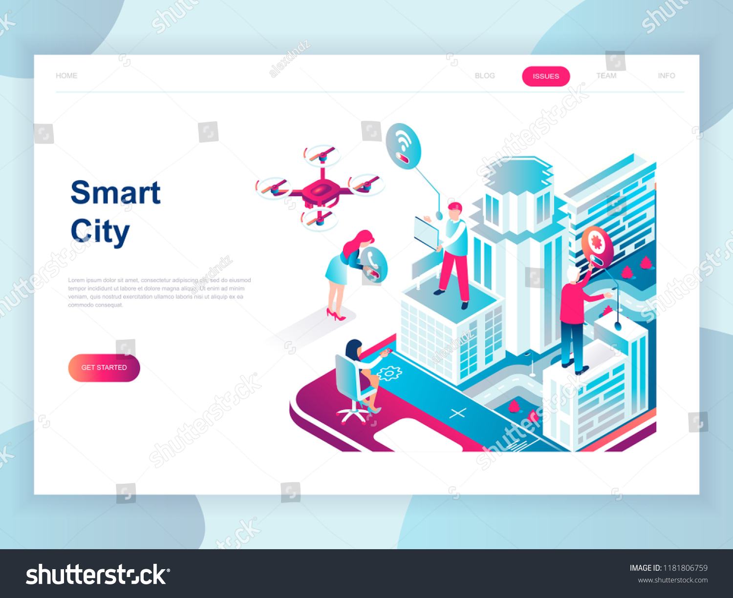 Modern flat design isometric concept of Smart City for banner and website. Isometric landing page template. Business center with skyscrapers  streets of the city connected roads. Vector illustration.