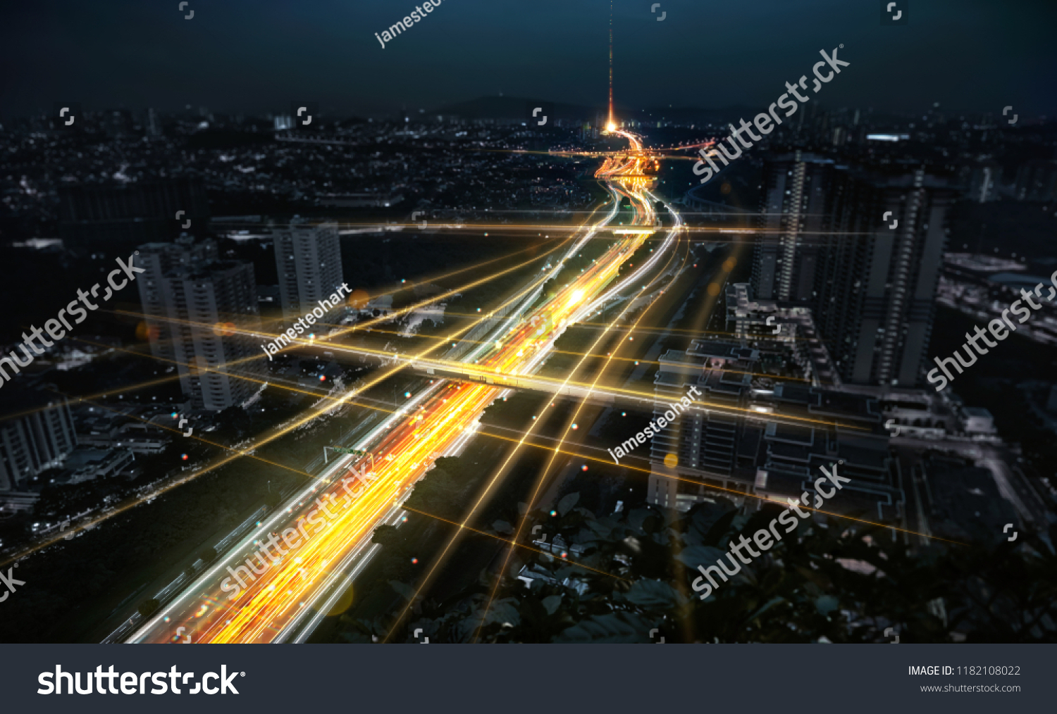 Communication network and traffic light on highway .Concept of smart city network internet communication and digital traffic management system .