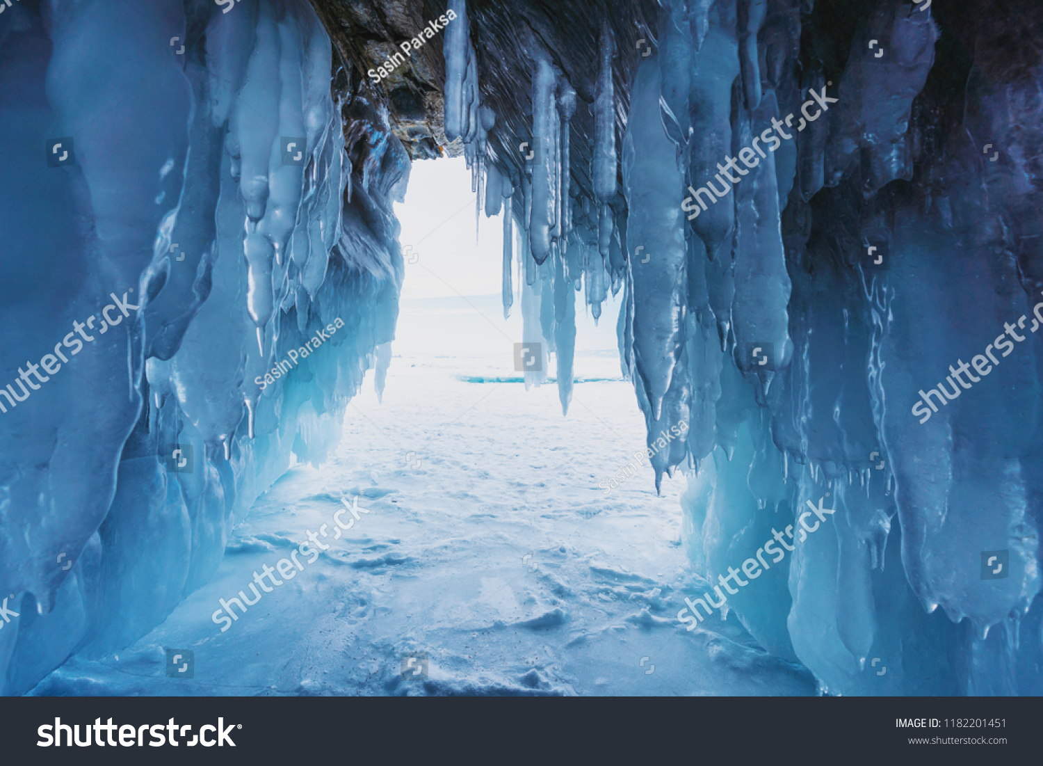 Winter frozen ice cave at frozen lake Baikal in Siberia  Russia