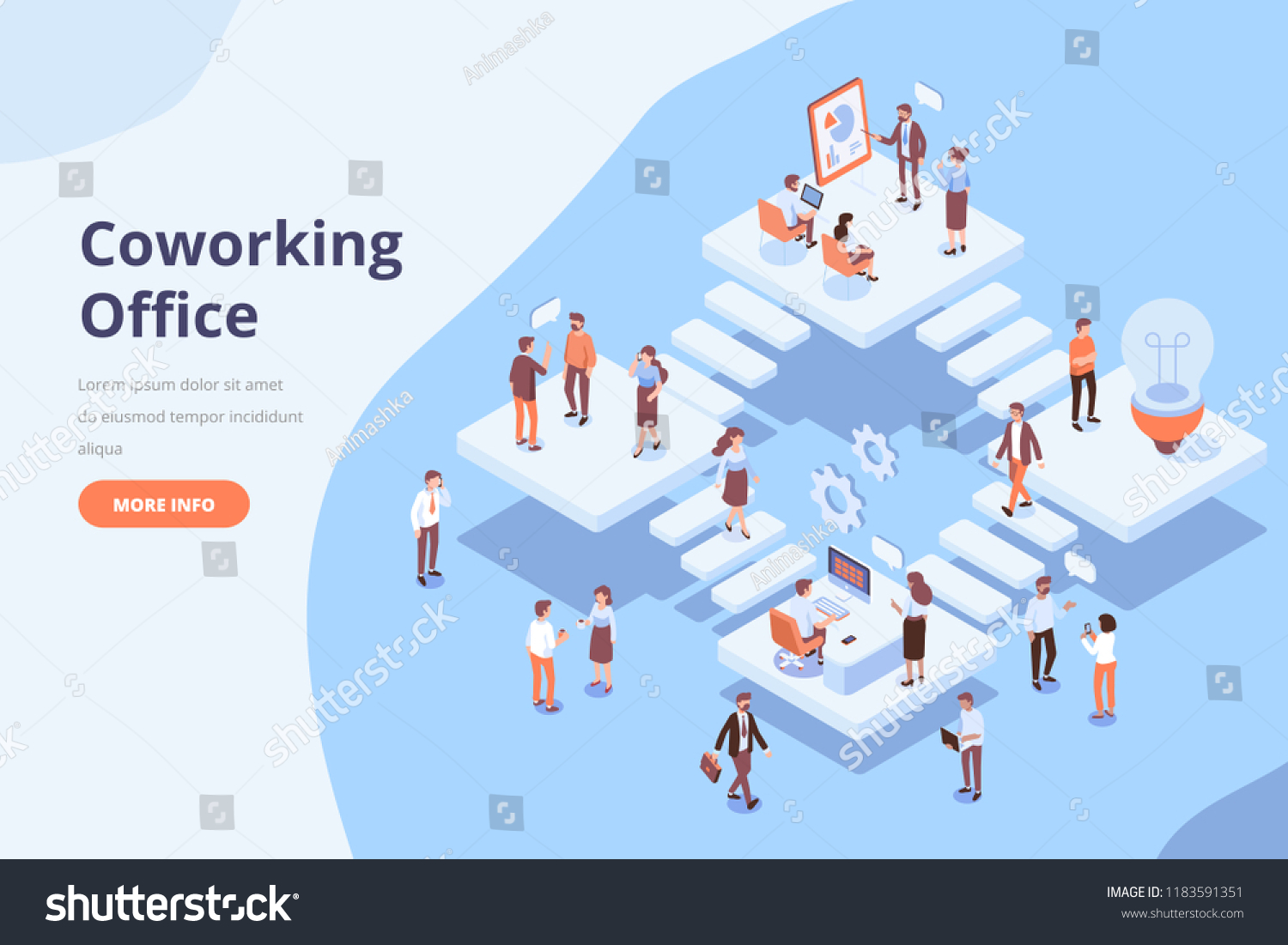 Coworkers office concept. Isometric office with different people characters. Office workers  business people  freelancers. Flat vector illustration.