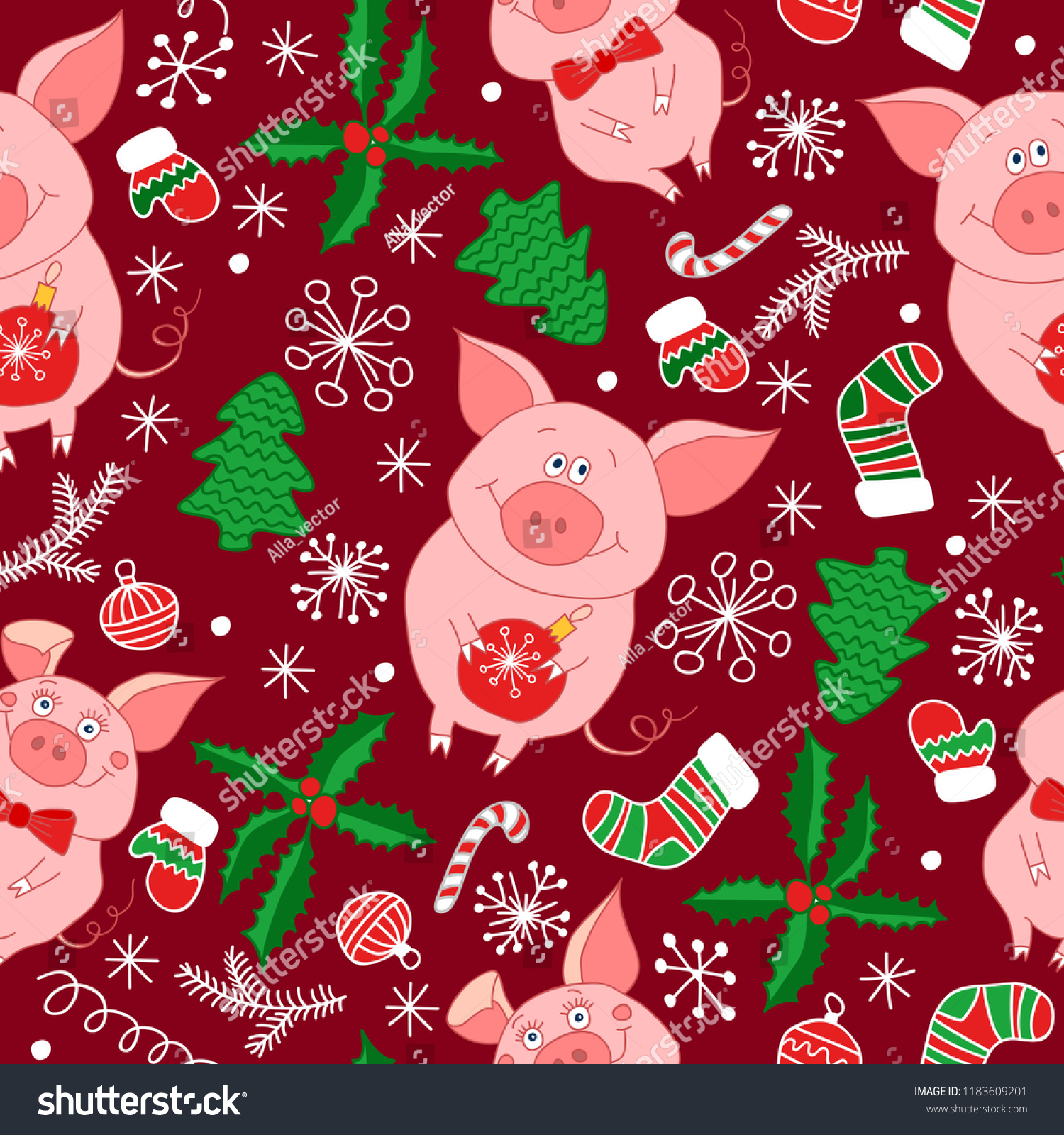 New Year`s vector seamless pattern with pigs.Vector seamless  pattern  of Happy New Year and Christmas Day. Seamless pattern of doodle  for wrapping paper  cloth  background