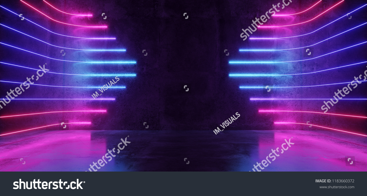 未来派科幻现代空旷的舞台反射混凝土室 带紫色和蓝色发光的霓虹灯管形状空空间墙纸背景3D渲染插图