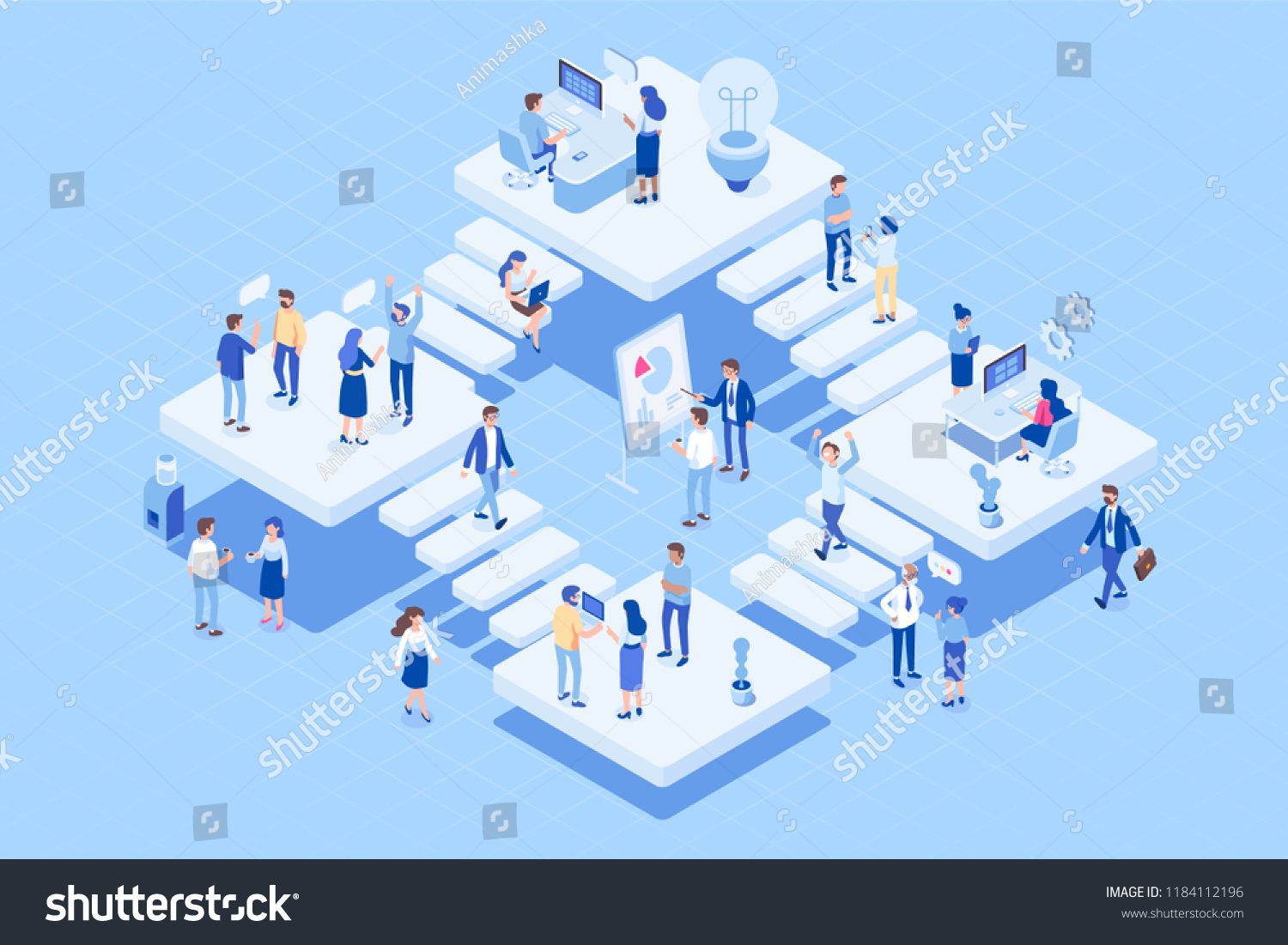 Isometric Coworking office concept.   People Working together. Office with different people characters.  Flat vector illustration.
