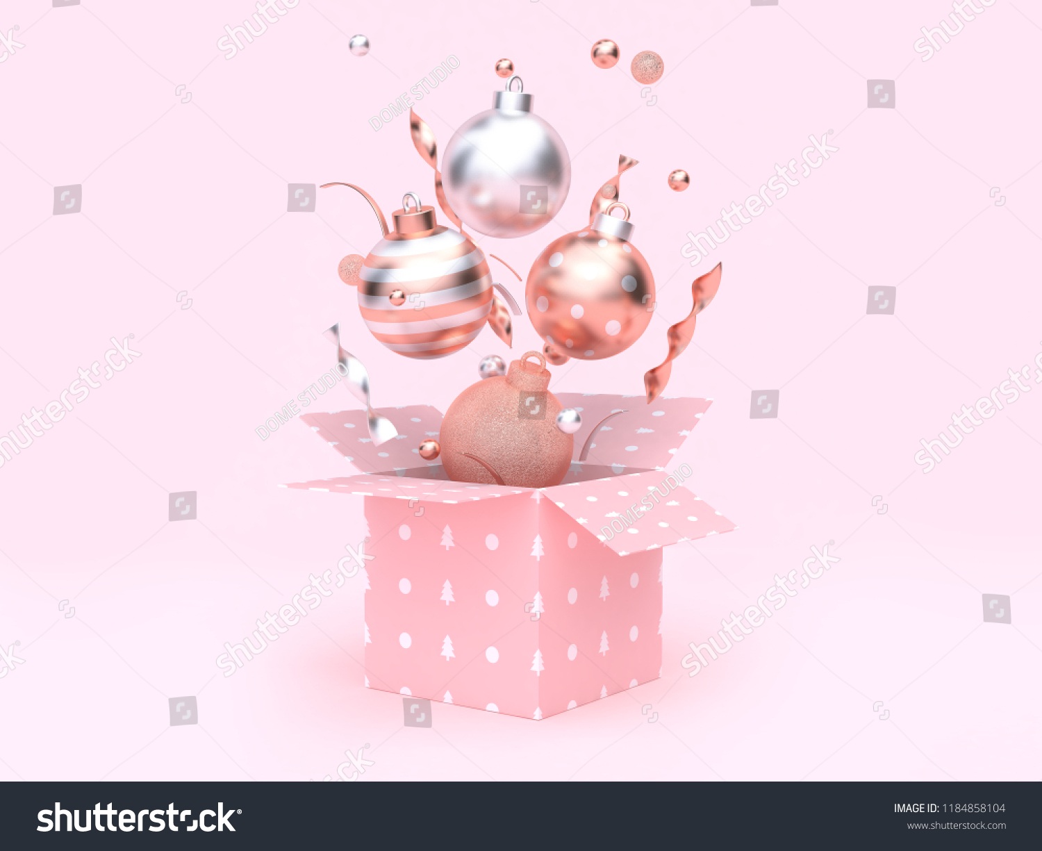 3d rendering christmas ball floating gift box opening pink background