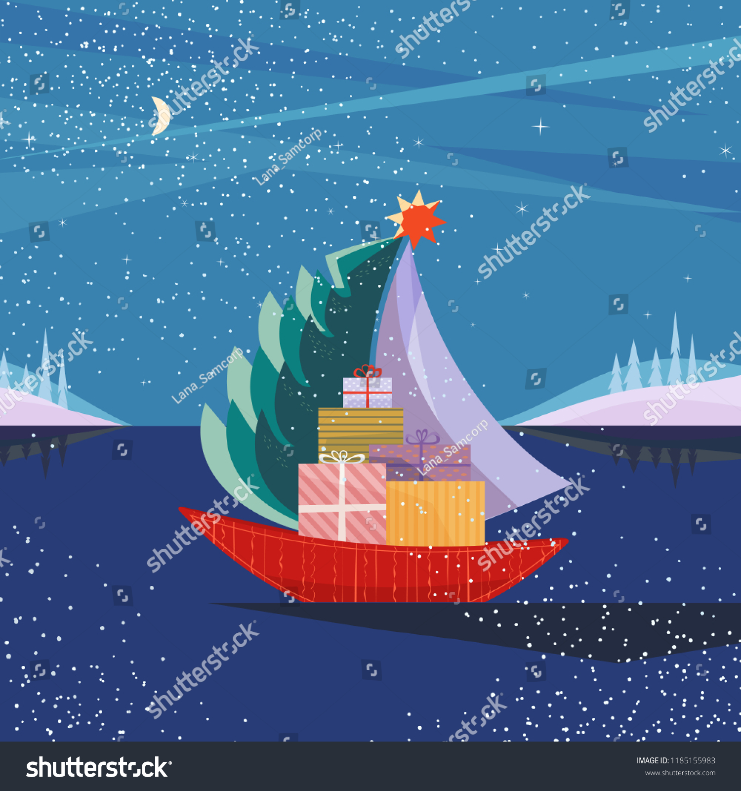 christmas sailboat sailing by sea with fir tree