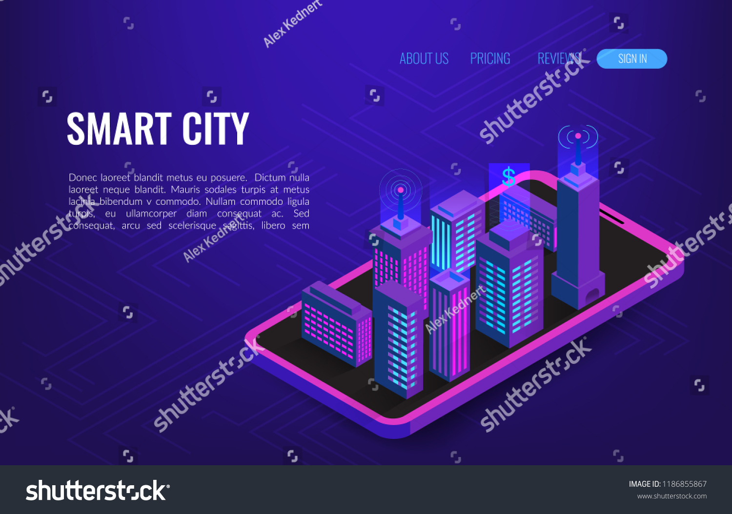 Smart city isometric concept. Building automation with computer networking illustration.