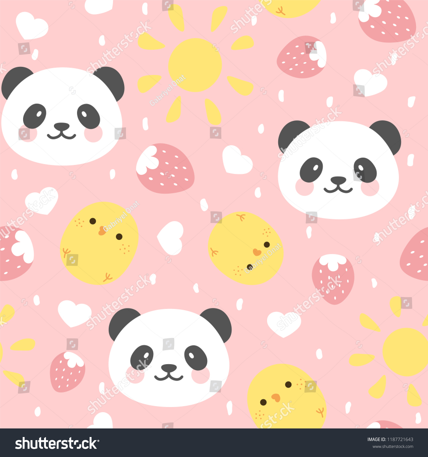 Cute Panda Seamless Pattern with chick and strawberry  Animal Background with stars and heart for Kids  Vector illustration