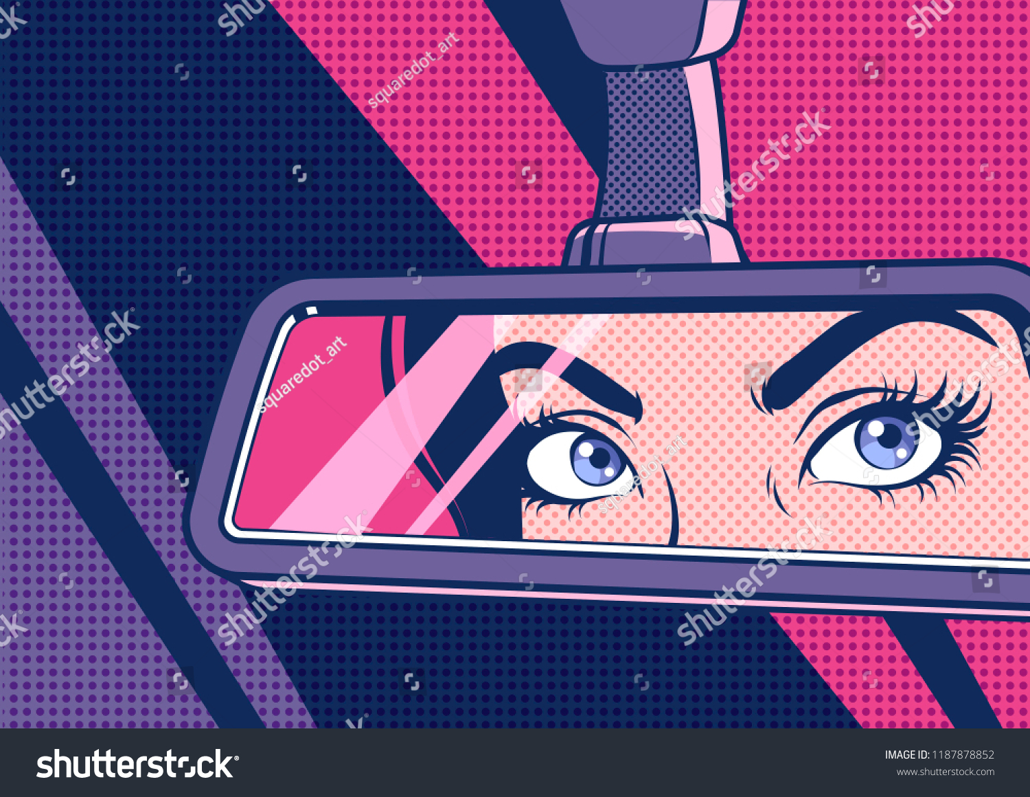 Girl looks in the rear view mirror. Pop art vector illustration.