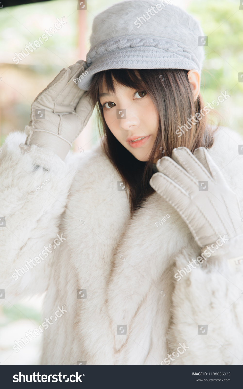 Portrait japanese fasion style wool coat fashion dress in japanese garden