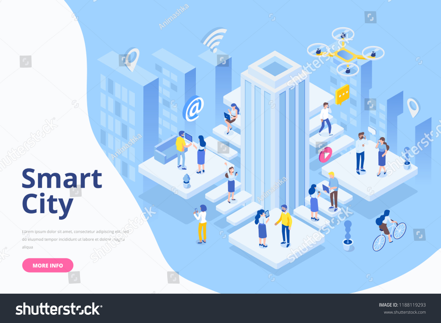 Modern flat design isometric concept of Smart City. Business center with skyscraper. Different people with gadgets. Flat Vector illustration for banner and website.