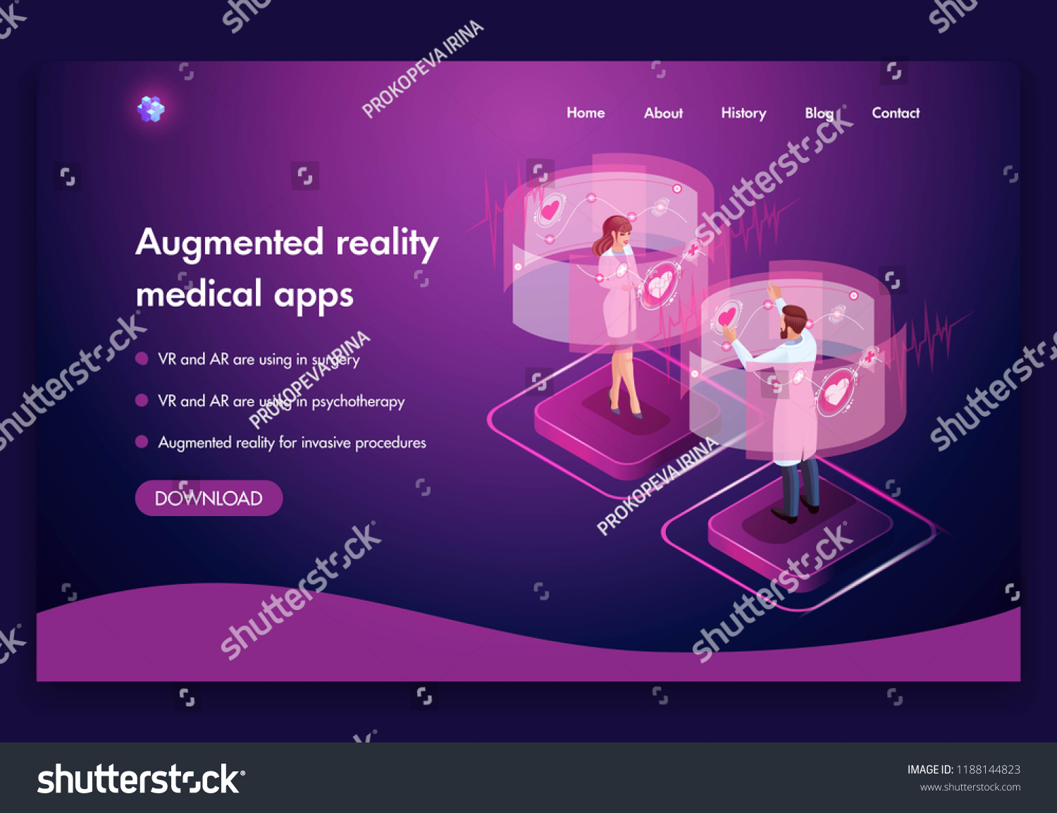 Website template design. Isometric medical concept of the work of doctors Augmented reality concept. VR and AR are used in surgery. Easy to edit and customize.