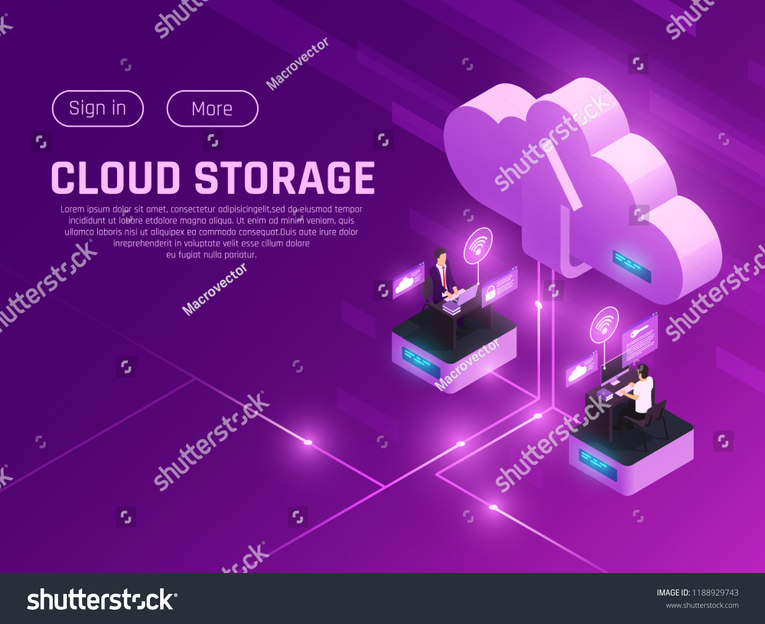Cloud office glow isometric composition with editable text clickable buttons cloud pictogram and two modern workspaces vector illustration