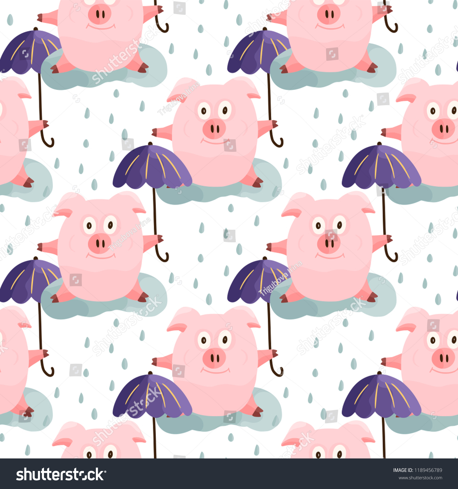 New Year 2019 seamless pattern with christmas cartoon flat pink pigs. Color hand drawn happy animals. Vector illustration.