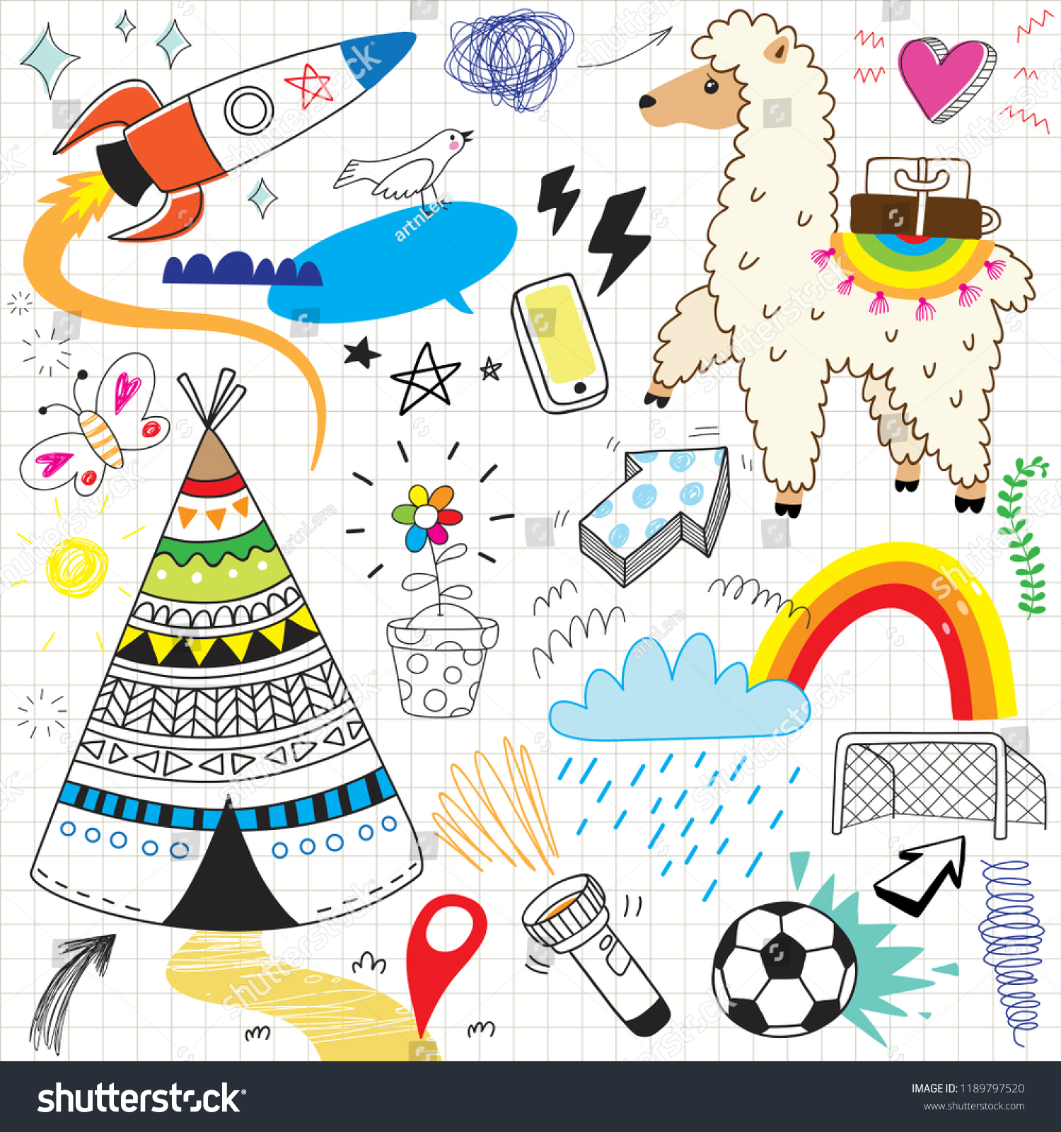 hand drawn cute kids doodle set 