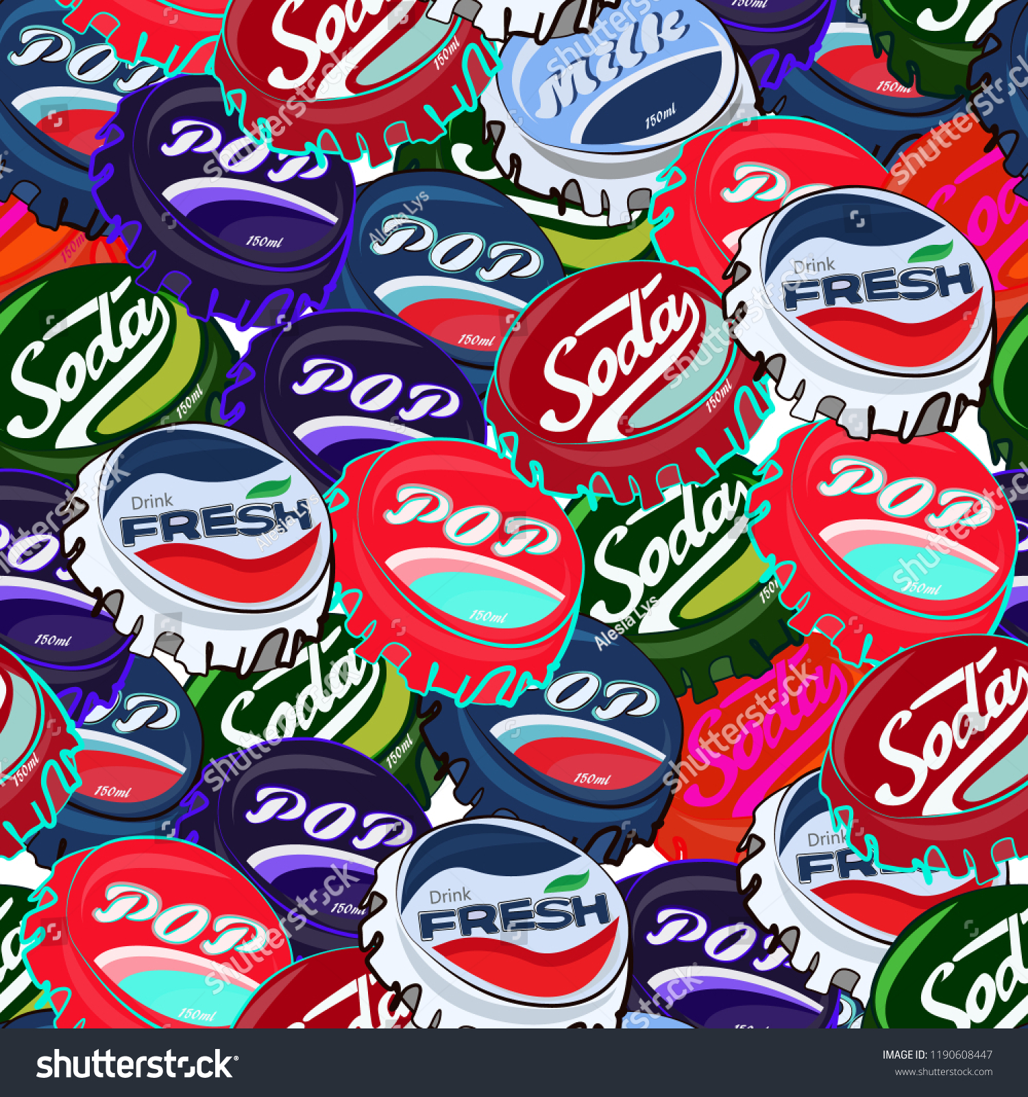 Seamless pattern with colorful pop art objects different bottle caps  