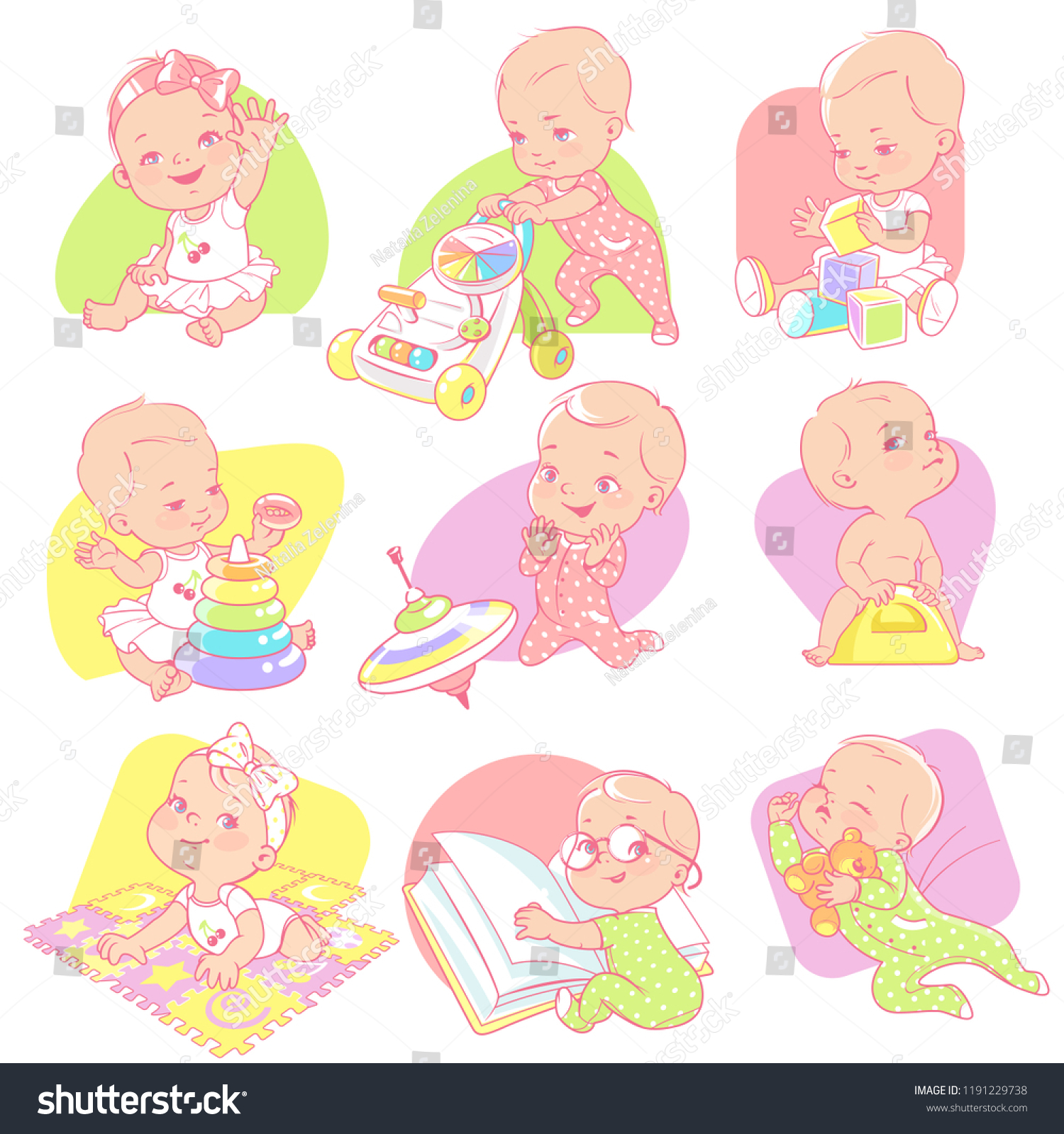 Set with cute little baby Toddler girl with different toys. Child's activities. Baby read  sleep  play  walk  sit on potty. One year girl  pink pajamas. Design for mom's blog. Vector illustration