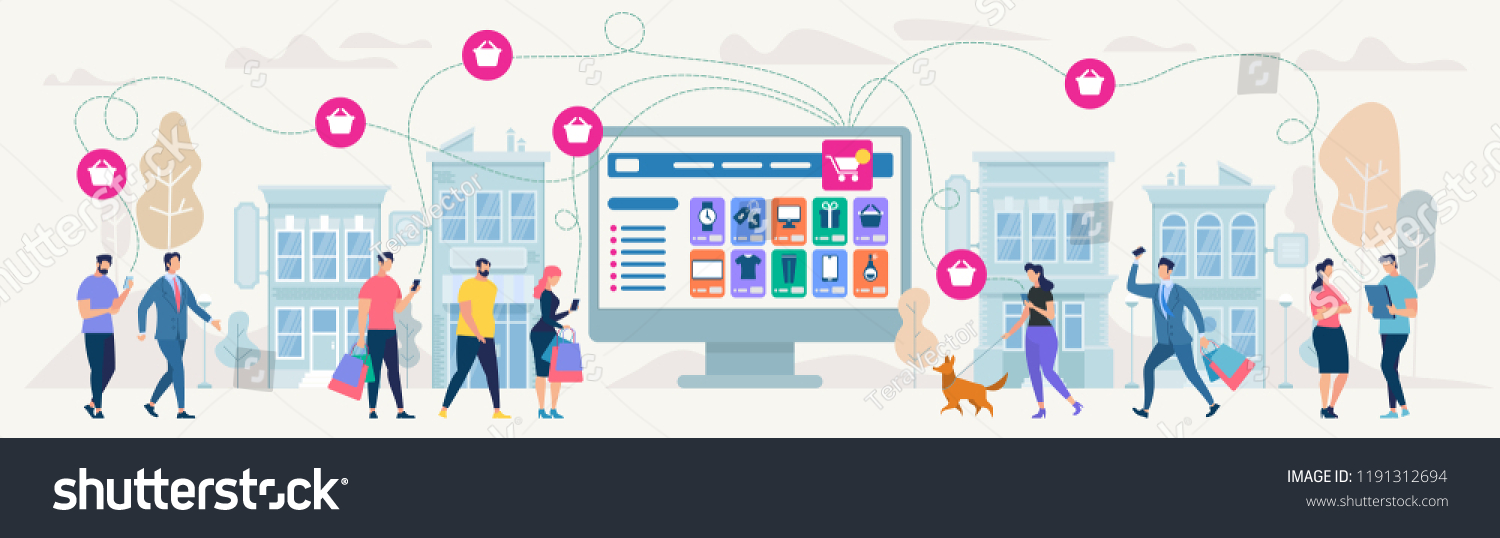 Online Shopping and Network. Ecommerce Sales  Digital Marketing. Sale and Consumerism Concept. Online Shop Application. Digital Technologies and Shoppin. Flat style Vector Illustration.