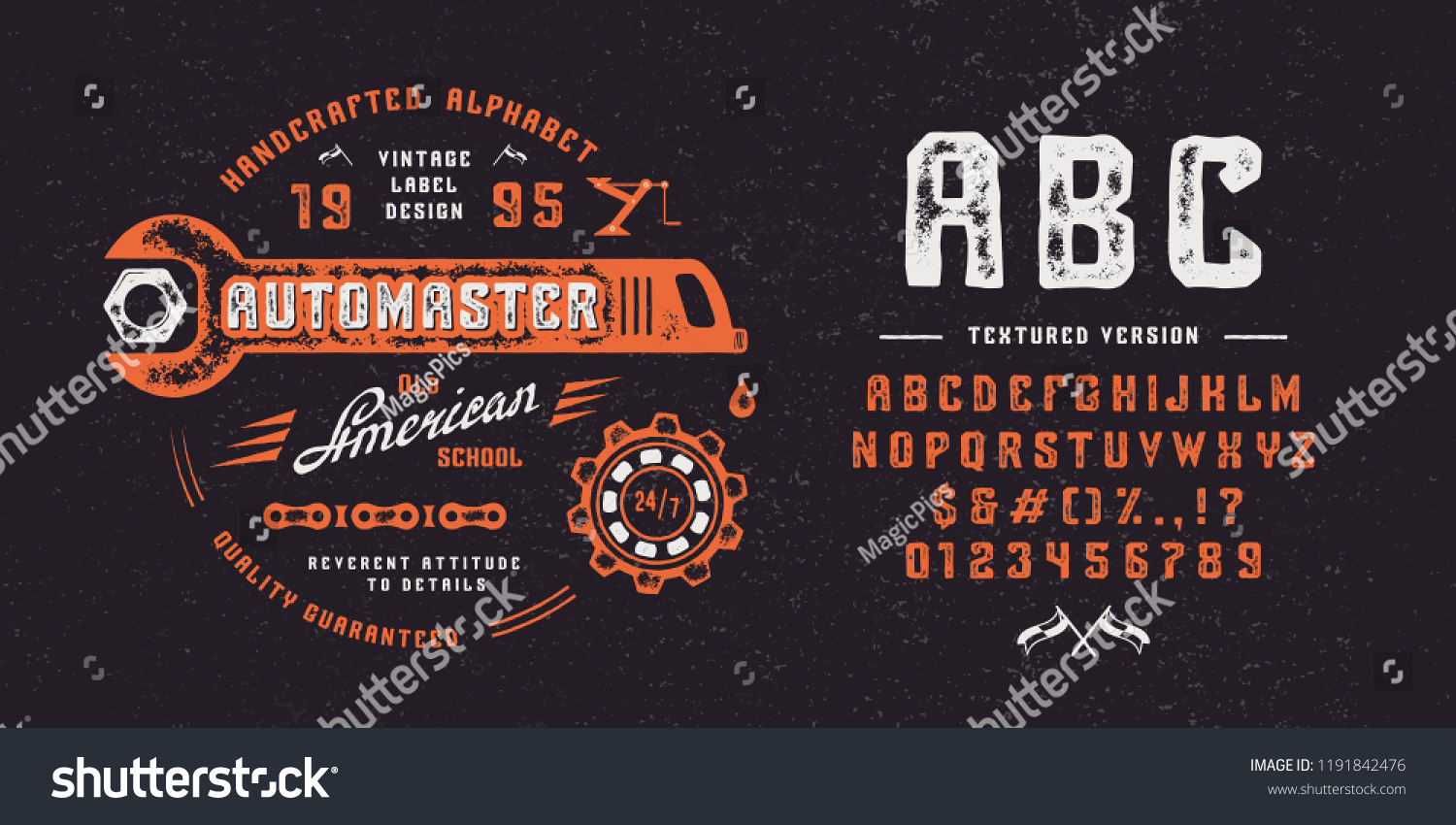 Font AUTOMASTER. Hand crafted retro vintage typeface design. Handmade textured lettering. Handmade  type on black background.  Authentic graphic alphabet. Vector illustration old label logo template.