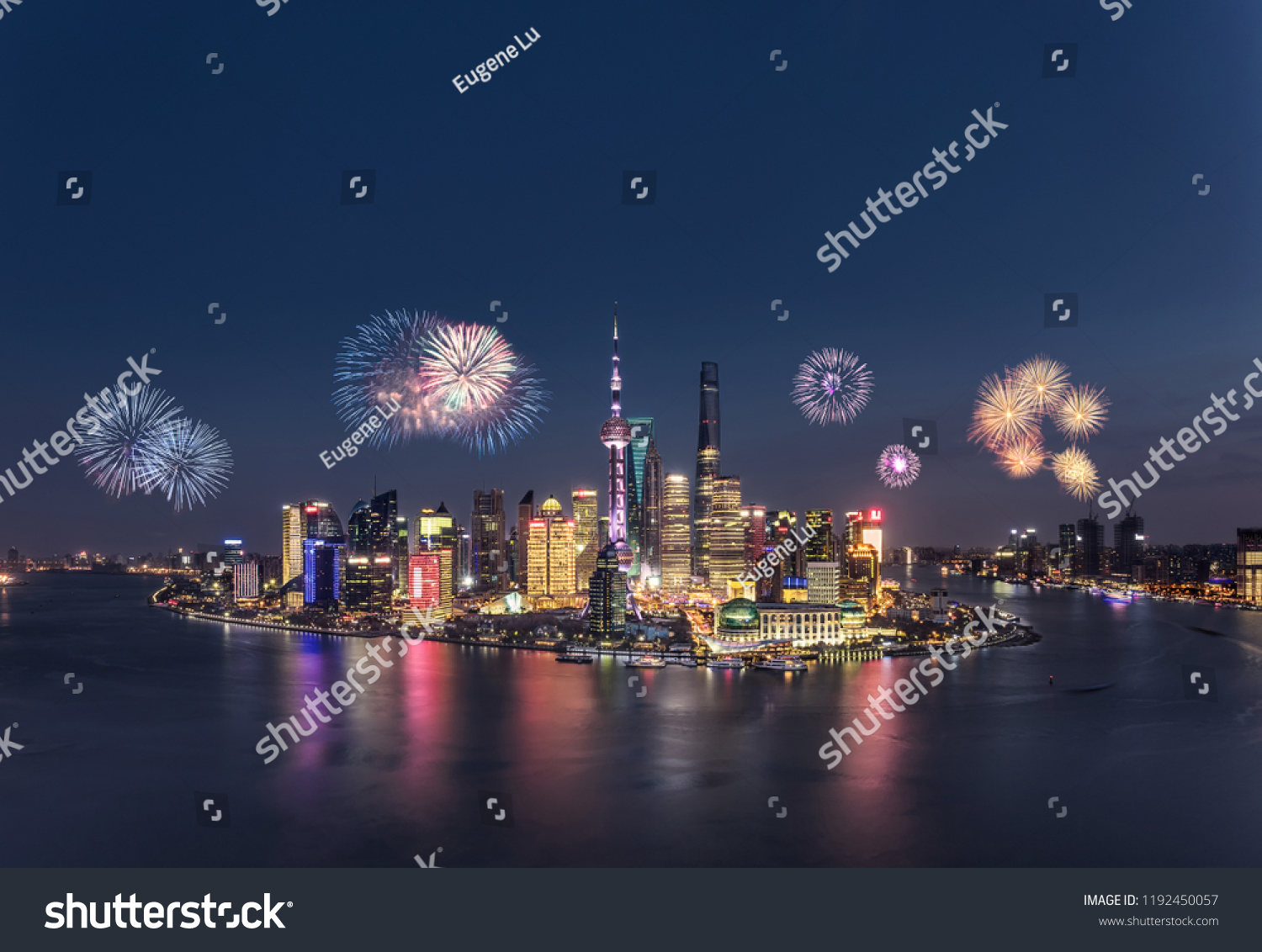 Fireworks and cityscape in Shanghai at night