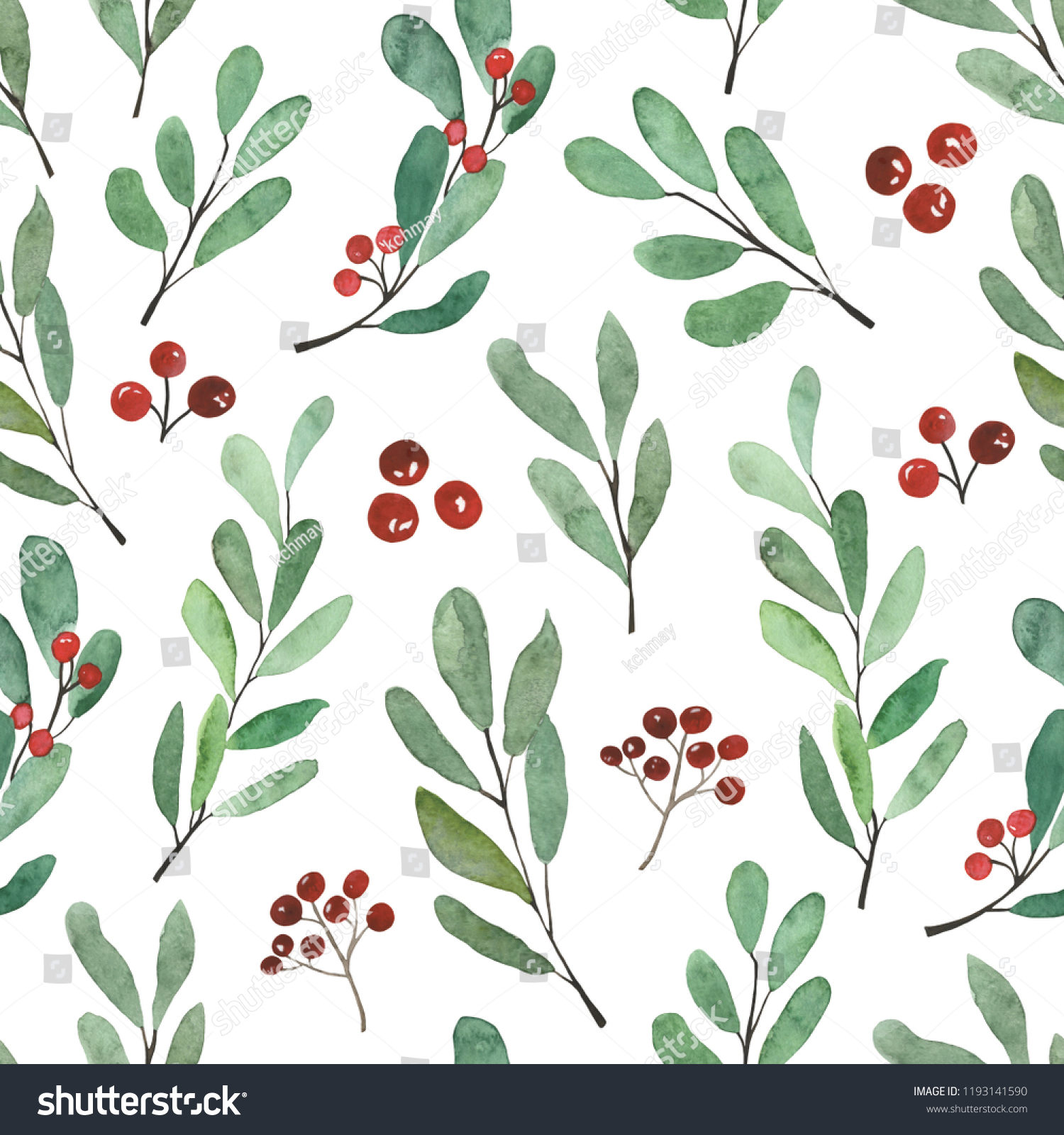 Hand-drawn pattern with Christmas branches elements.Hand painted watercolor seamless pattern.