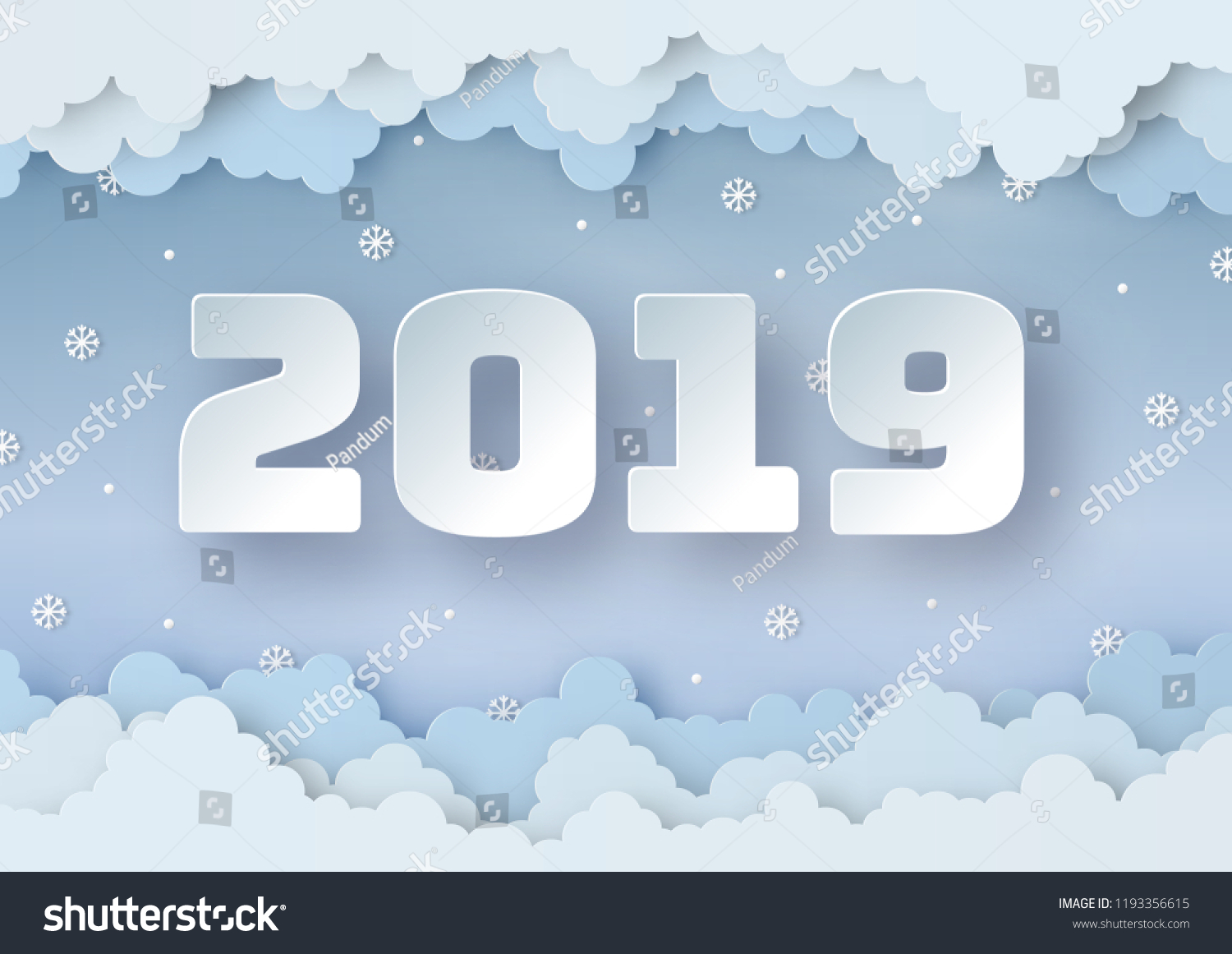 Origami made Happy New Year 2019 of winter weather forecast with snowflakes  snowballs and clouds on blue sky background. paper art design and craft style