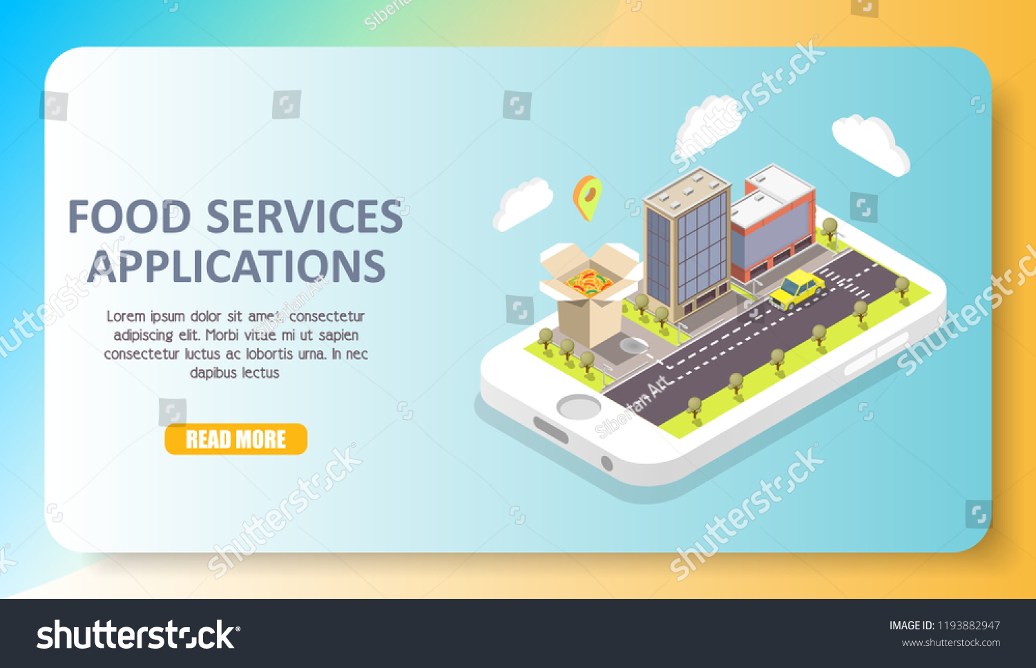 Food services applications web banner  template. Vector isometric smartphone with car going down city street with buildings and takeaway food with map marker on screen  copy space  read more button.
