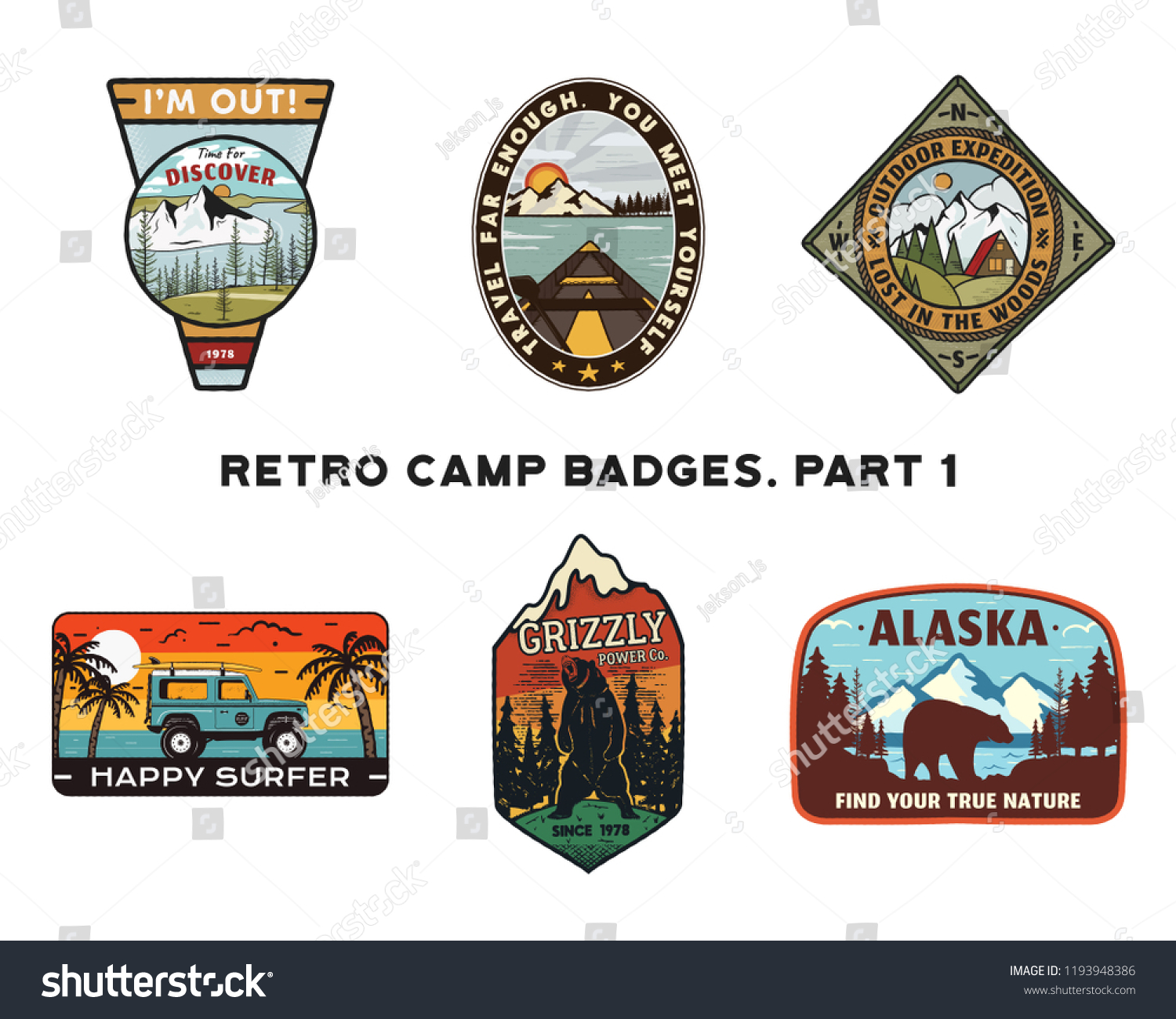Set of retro Wanderlust Logos Emblems. Vintage hand drawn travel badges. Different camp  forest activities scenes . Included custom adventure quotes. Stock vector hike insignias isolated on white.