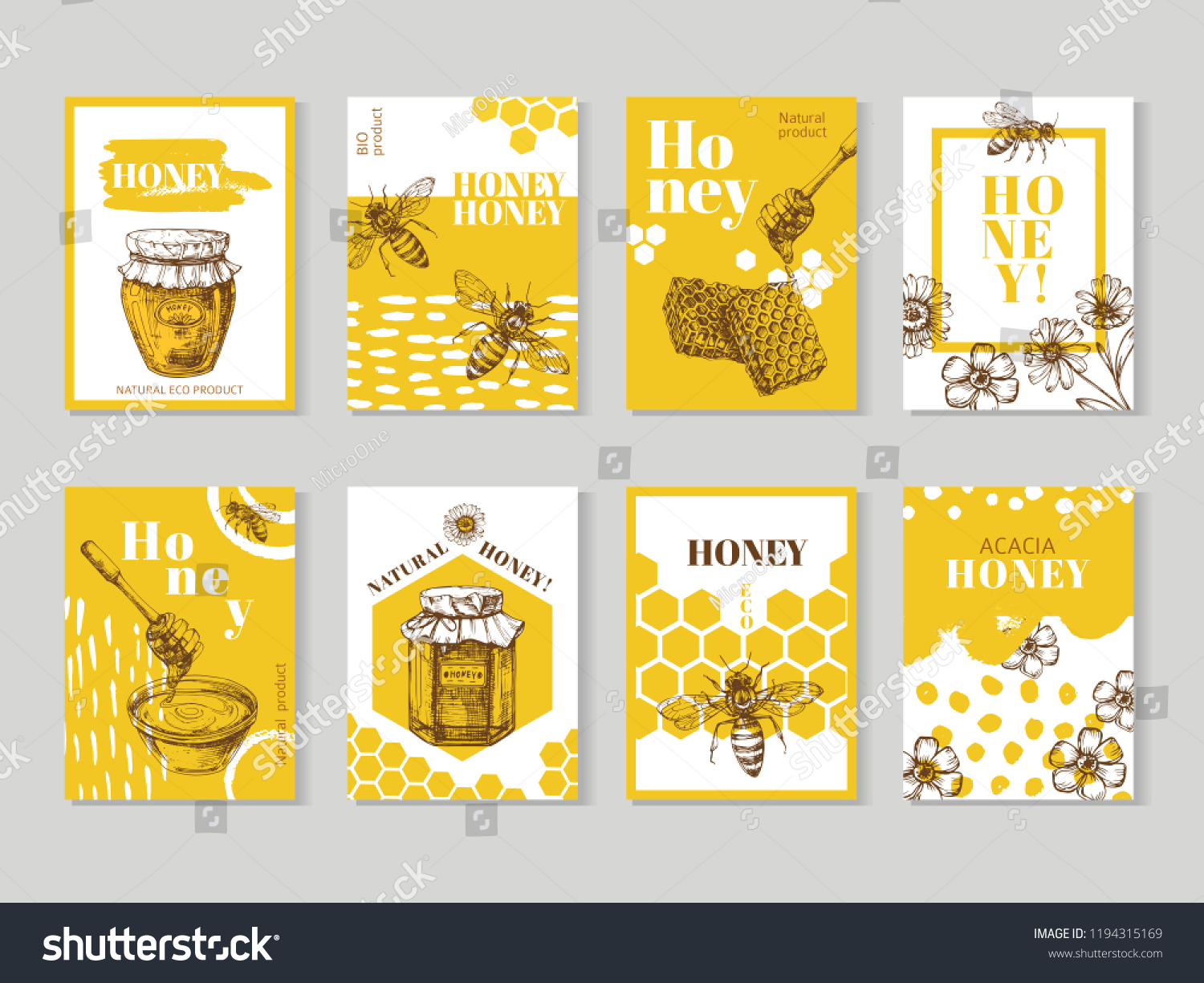 Hand drawn honey posters. Natural honey packaging with bee  honeycomb and hive vector design. Illustration of honey and honeycomb  food sweet posters of set