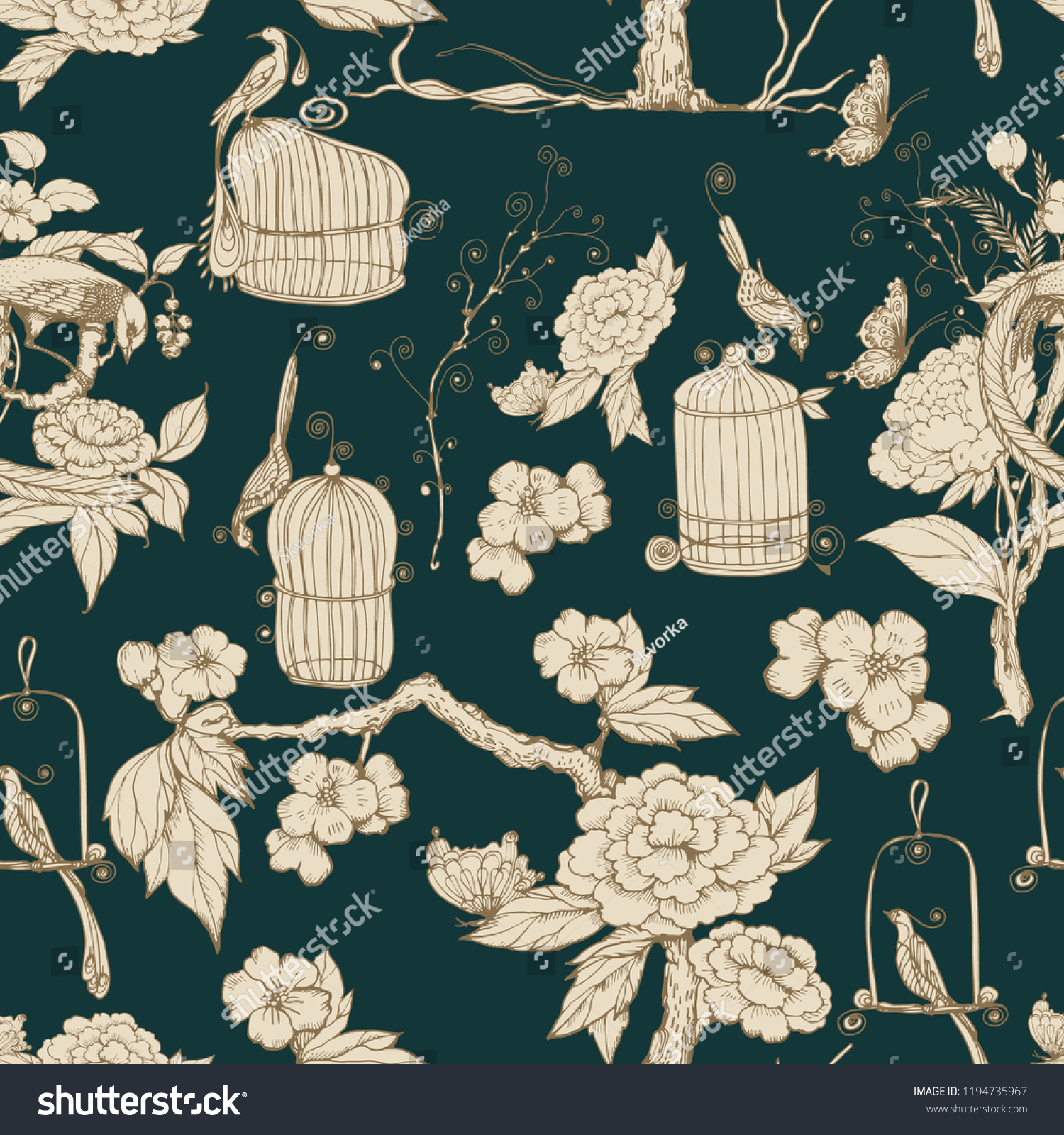 Seamless pattern in chinoiserie style. Vector hand drawing illustration. Chinese  wallpaper. Green background.
