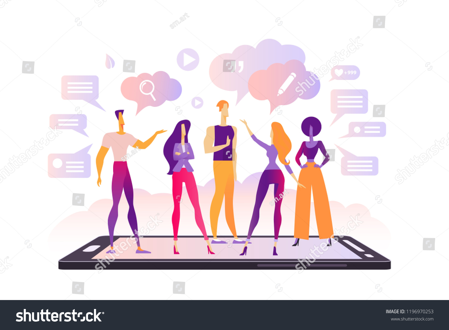 Colleagues discuss current tasks in mobile phone chat. Teamwork  remote work  social media. Modern flat vector illustration isolated on white background