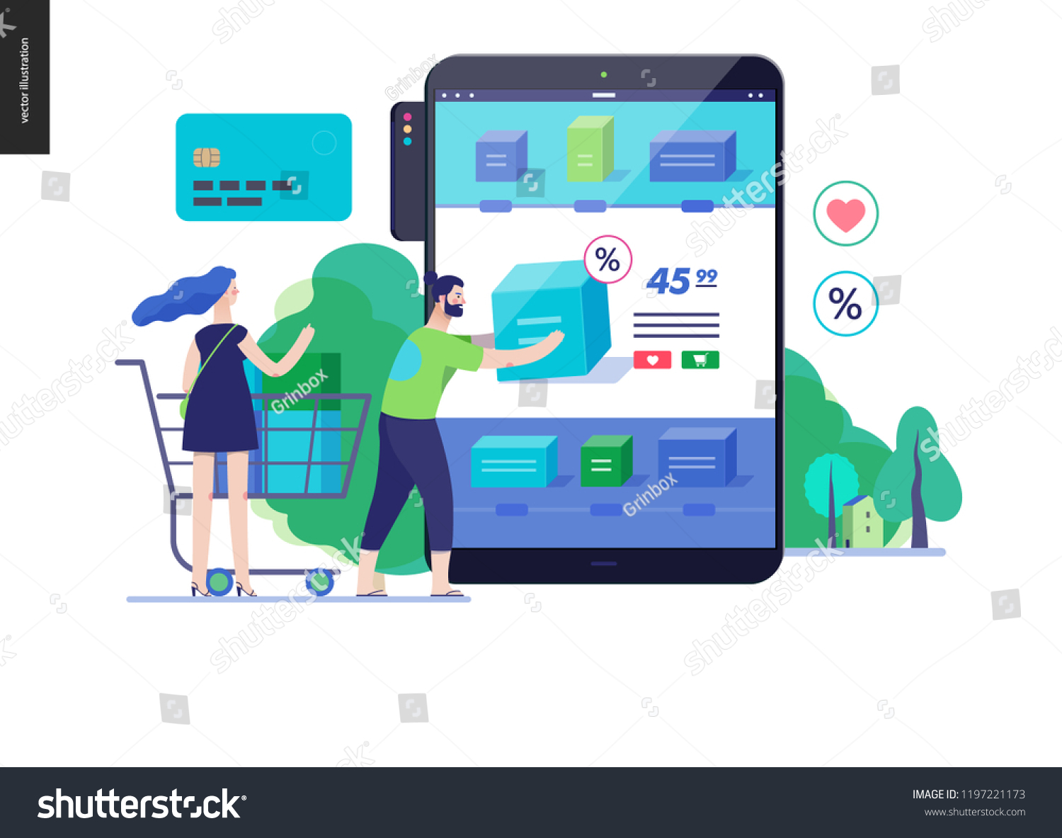 Business series  color 3 - buy online shop - modern flat vector illustration concept of man and woman shopping online Website interaction and purchasing process. Creative landing page design template