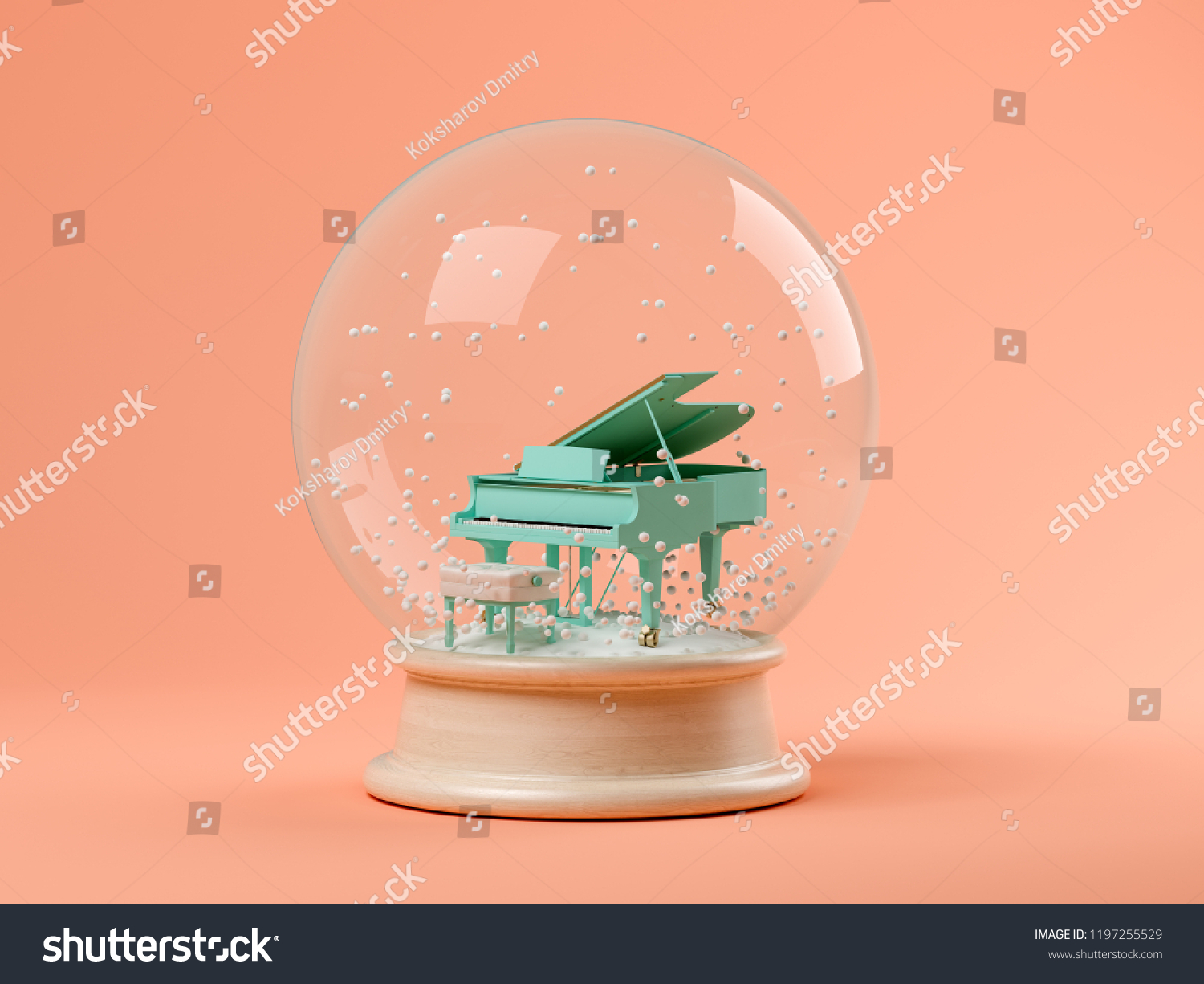 Snow globe with piano on a pink background 3D illustration