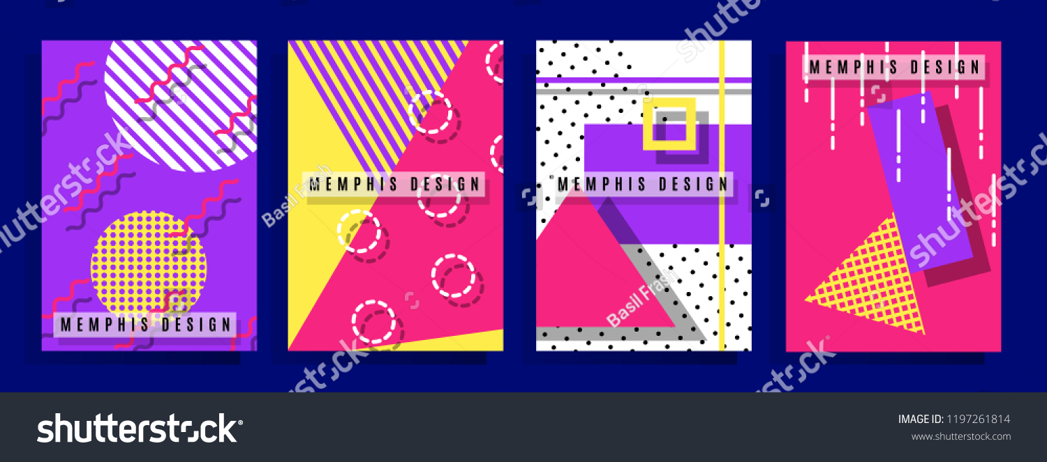 Set of neo memphis style covers. Collection of cool bright covers. Abstract shapes compositions. Vector.
