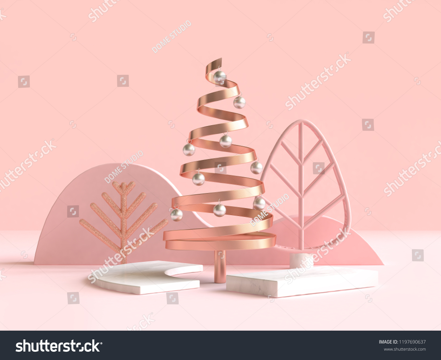 摘要几何形状圣诞树场景概念装饰3D渲染