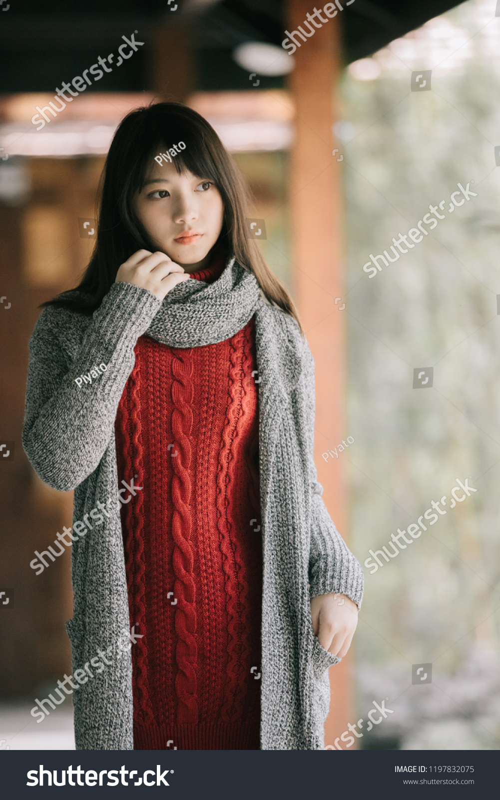 Portrait japanese fasion style wool coat fashion dress in japanese garden