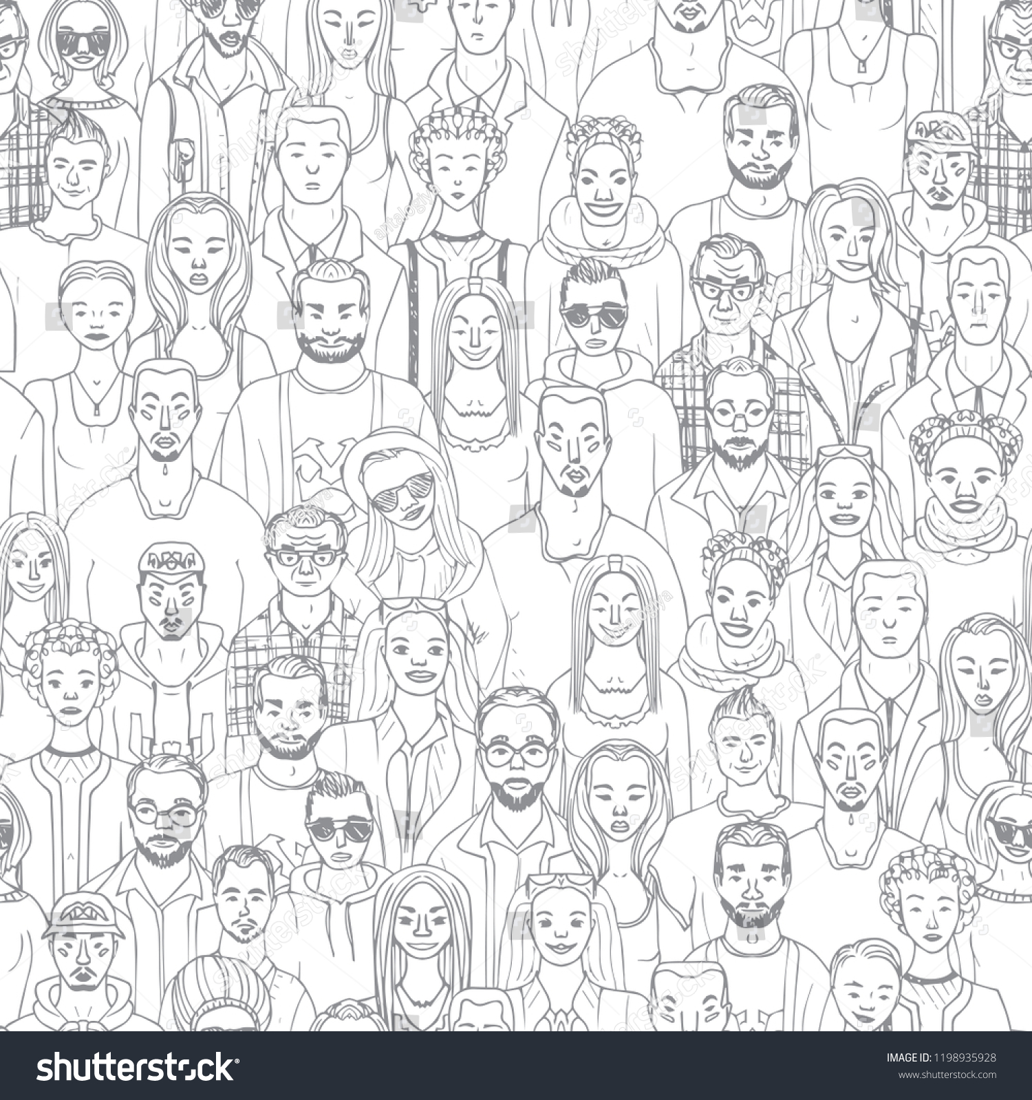 Seamless pattern of hand drawn people faces. Illustration of crowd of people