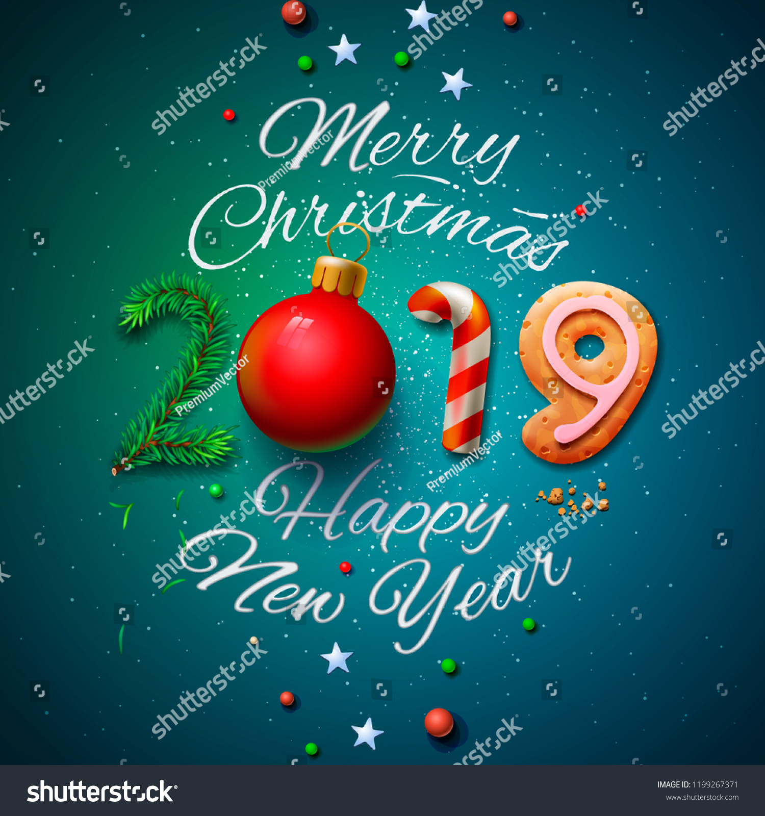 圣诞快乐 新年快乐2019贺卡 矢量插图。