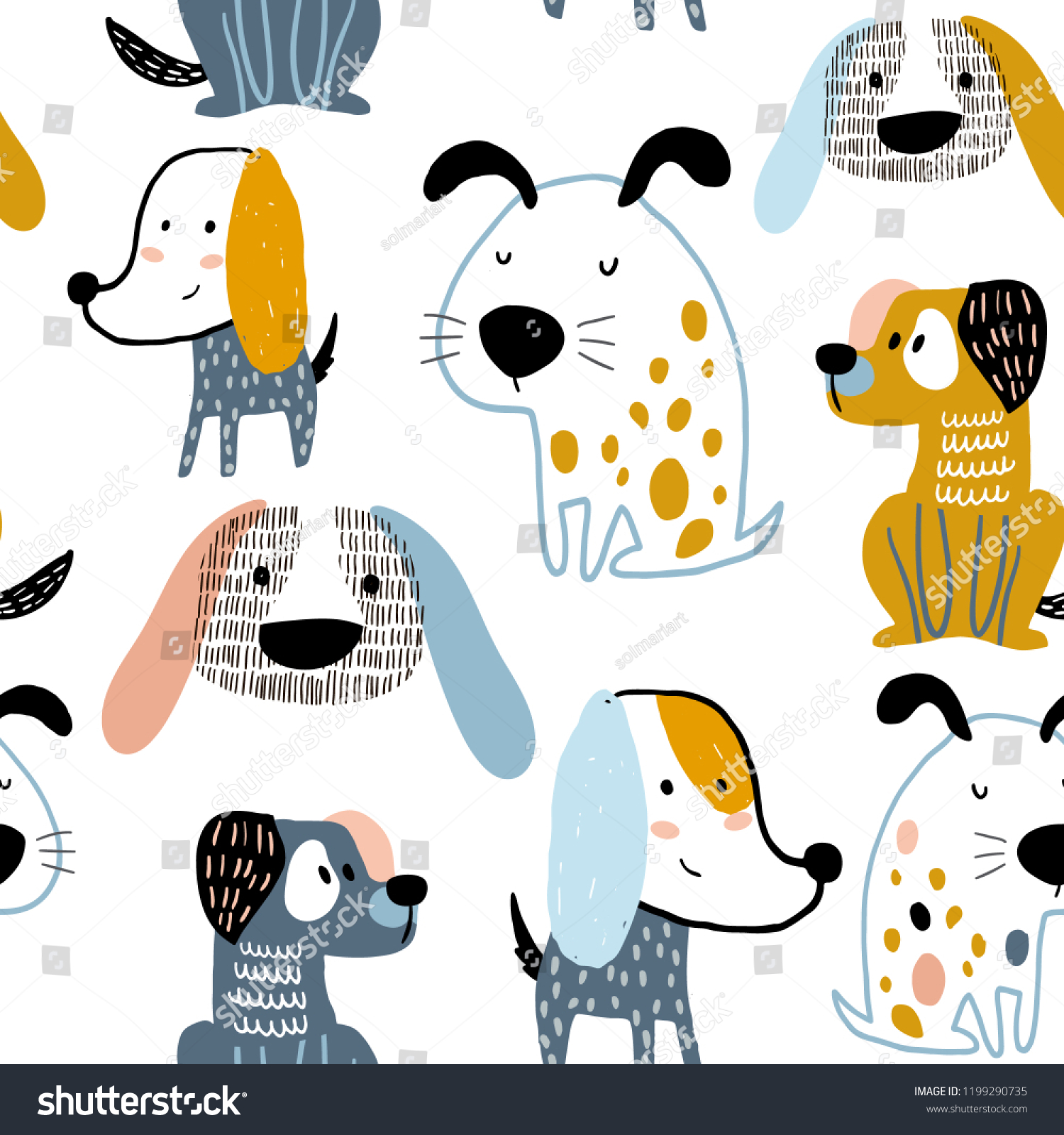 Childish seamless pattern with funny creative dogs. Trendy scandinavian vector background. Perfect for kids apparel fabric  textile  nursery decoration wrapping paper