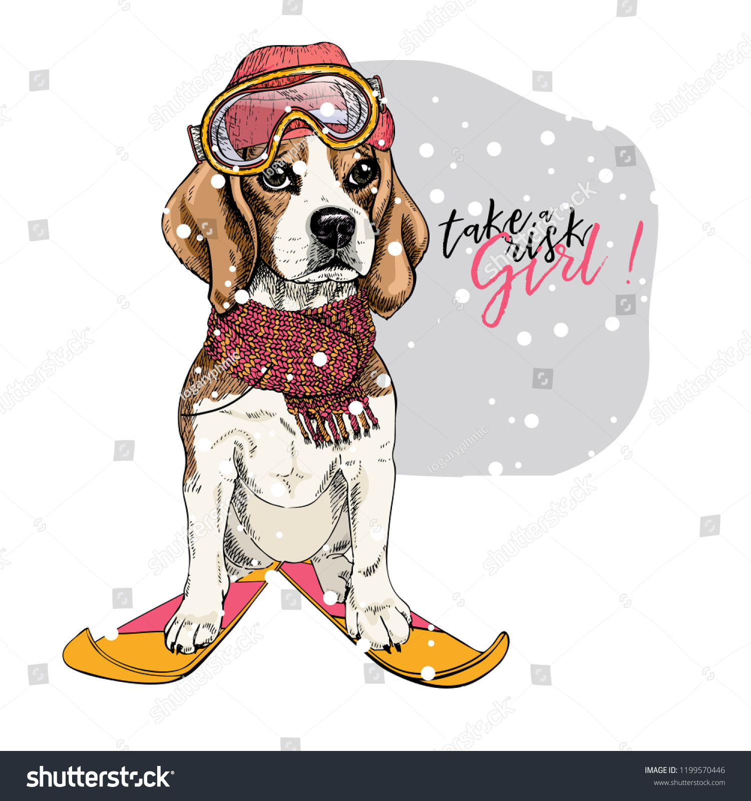 Hand drawn portrait of skiing beagle dog wearing hat  goggles and scarf. Vector Christmas illustration. Colored puppy. Xmas  New Year. Greeting card  party flyer  invitation banner. Winter holiday.