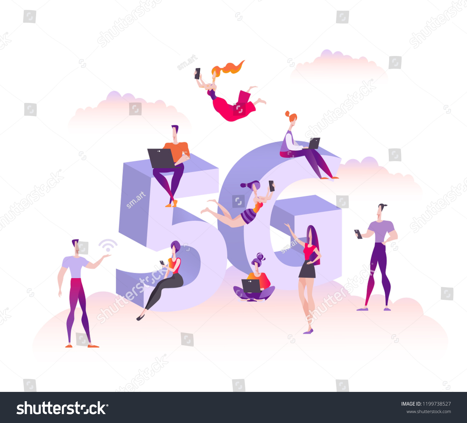 Users with gadgets stand  sit and fly on the background of a large 5g symbol. The concept of distribution and use of high speed wireless connection 5G  vector illustration isolated on white background